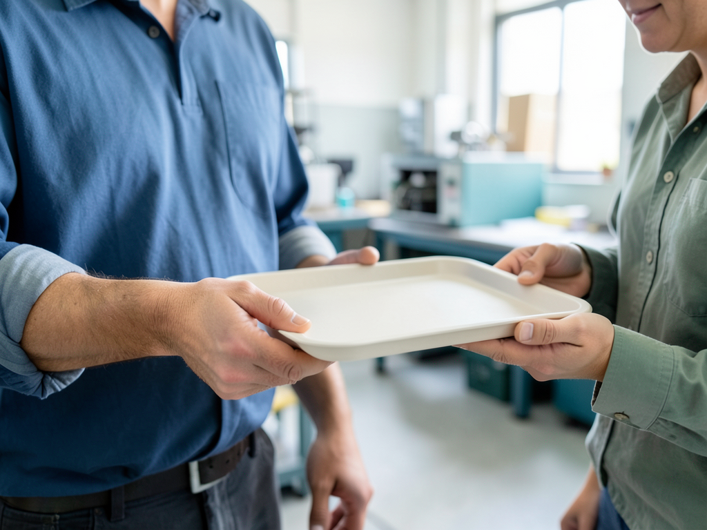A man in a blue shirt hands a plain tray to a woman in a green shirt in a manufacturing workshop.