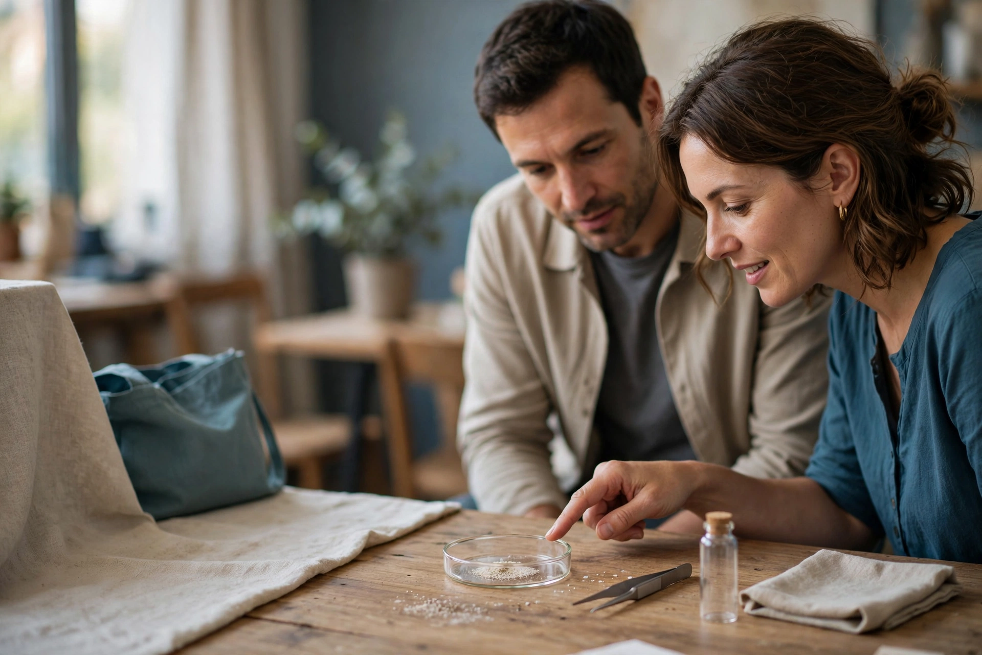 A man and a woman look at a petri dish on a wooden table, with the woman pointing at the contents.
