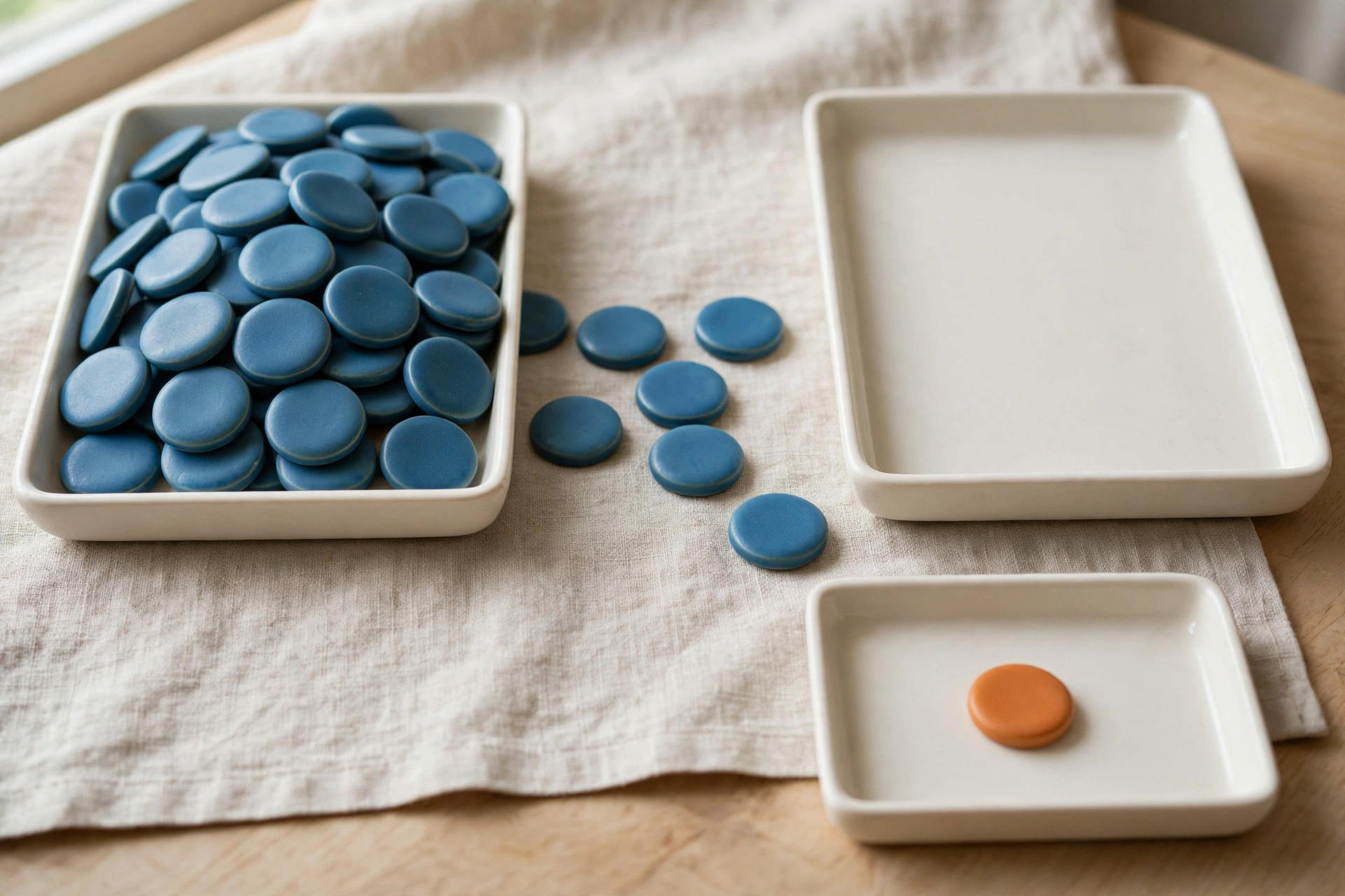 Three shallow trays hold blue ceramic tokens, with one tray containing a single orange token, arranged on a neutral cloth.