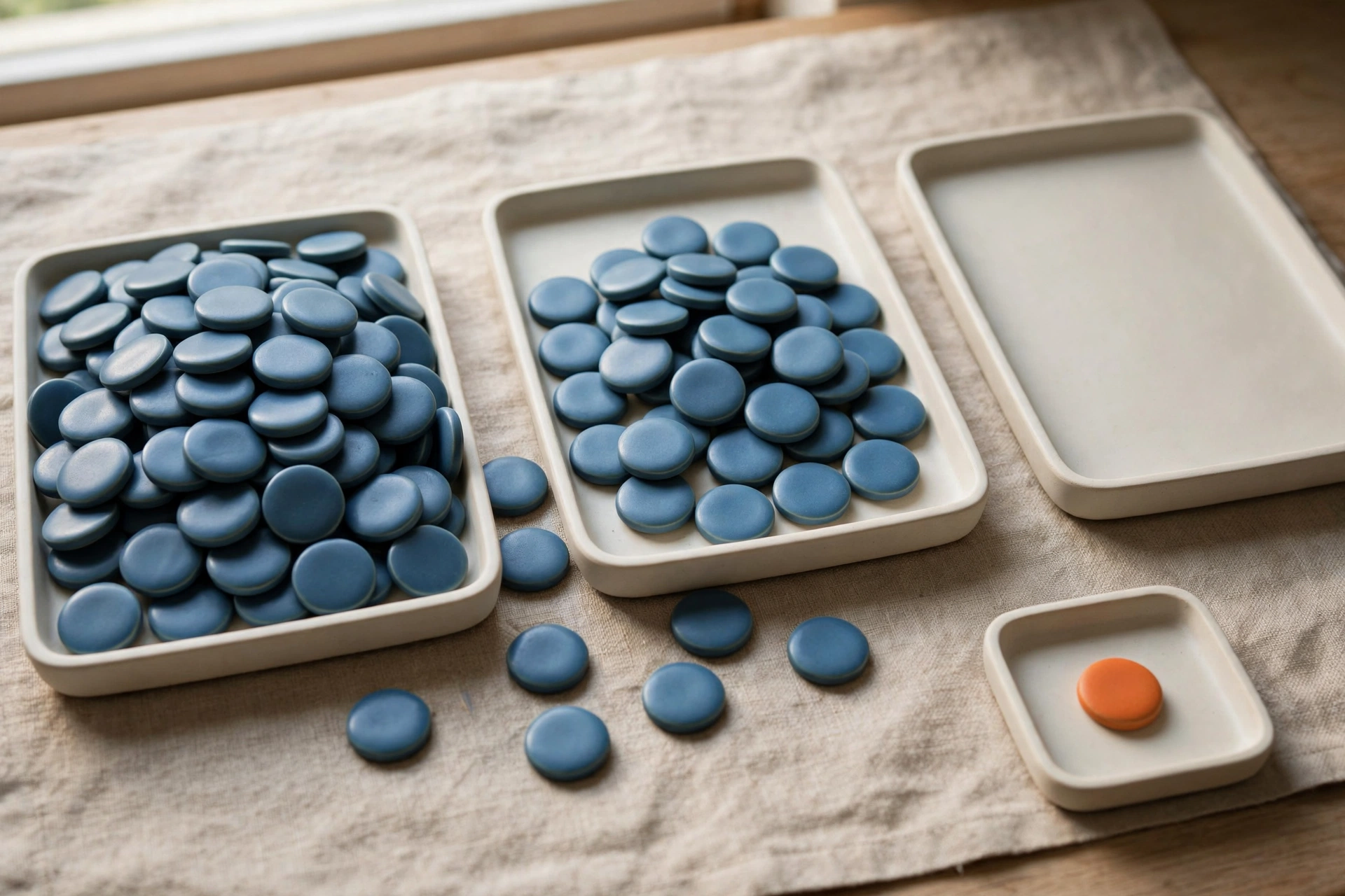 Three shallow trays hold blue ceramic tokens, with one tray empty and a separate small tray holding a single orange token.