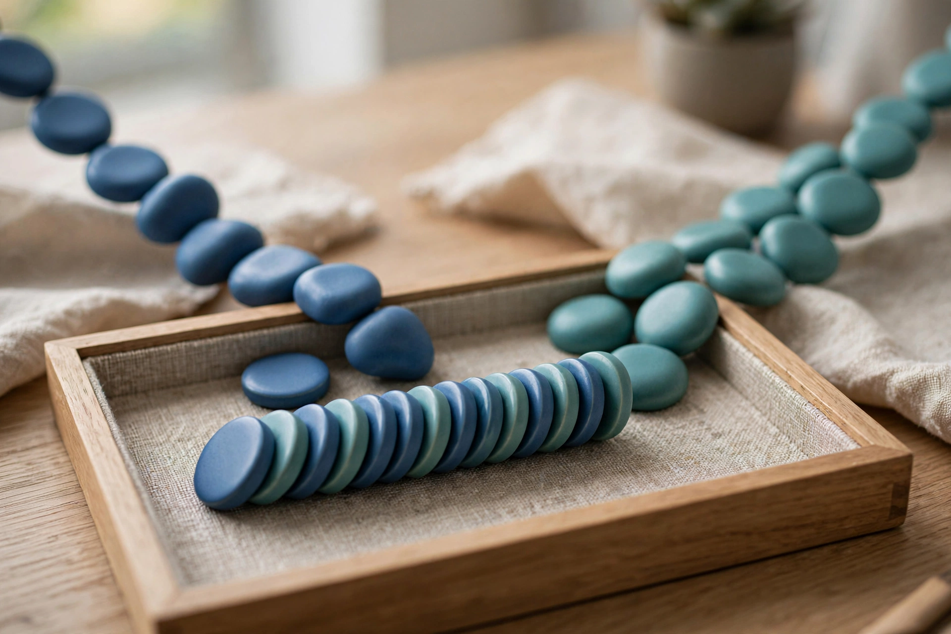Blue and teal ceramic tokens converge into a neat row within a wooden tray on a desk.