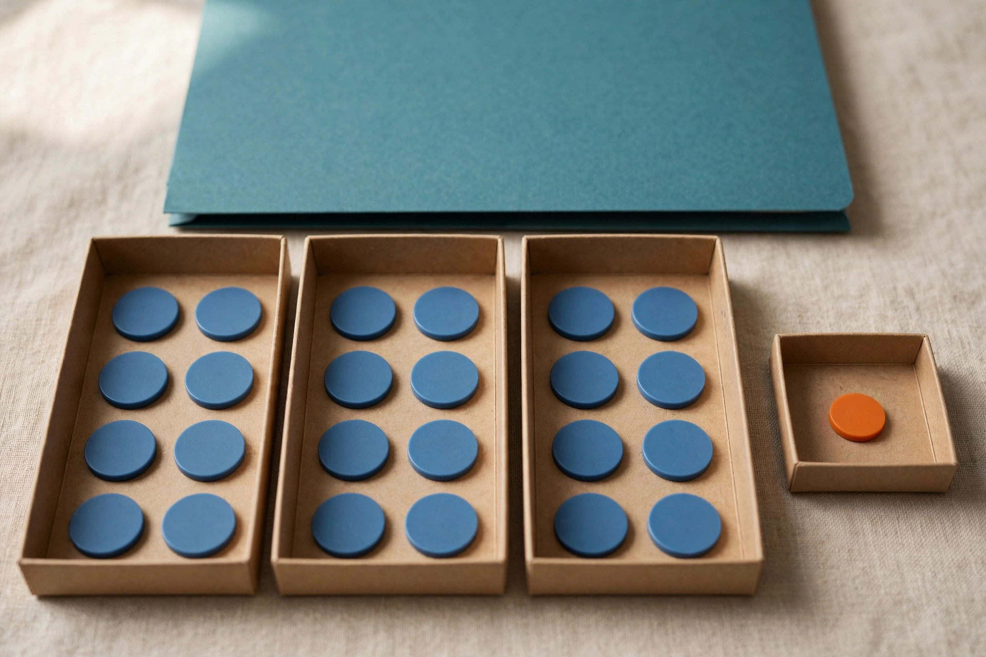 Blue tokens are distributed in three trays, with one orange token in a separate small tray, and a teal folder behind.