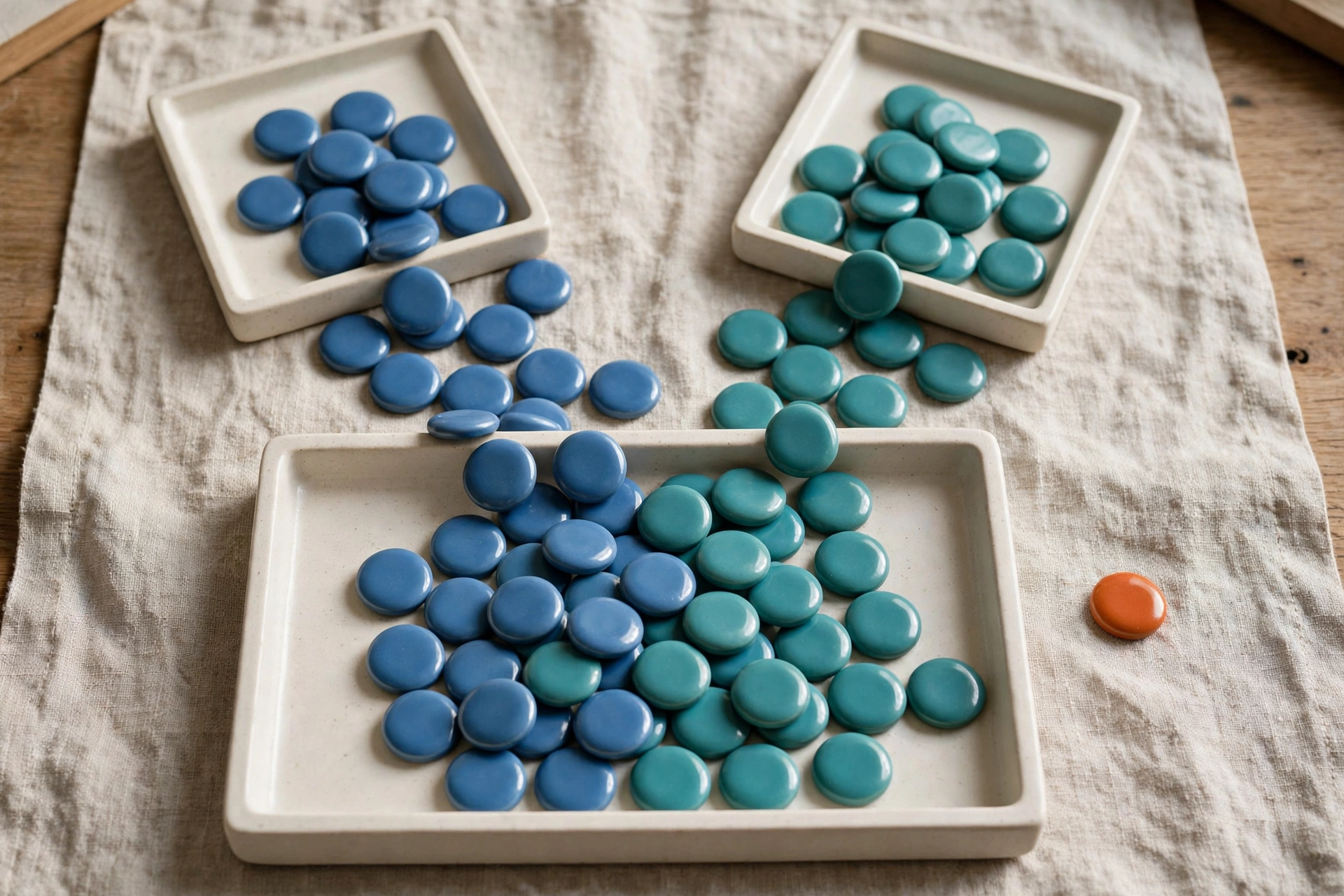 Two square trays of blue and teal tokens are shown, with tokens spilling into a larger rectangular tray.