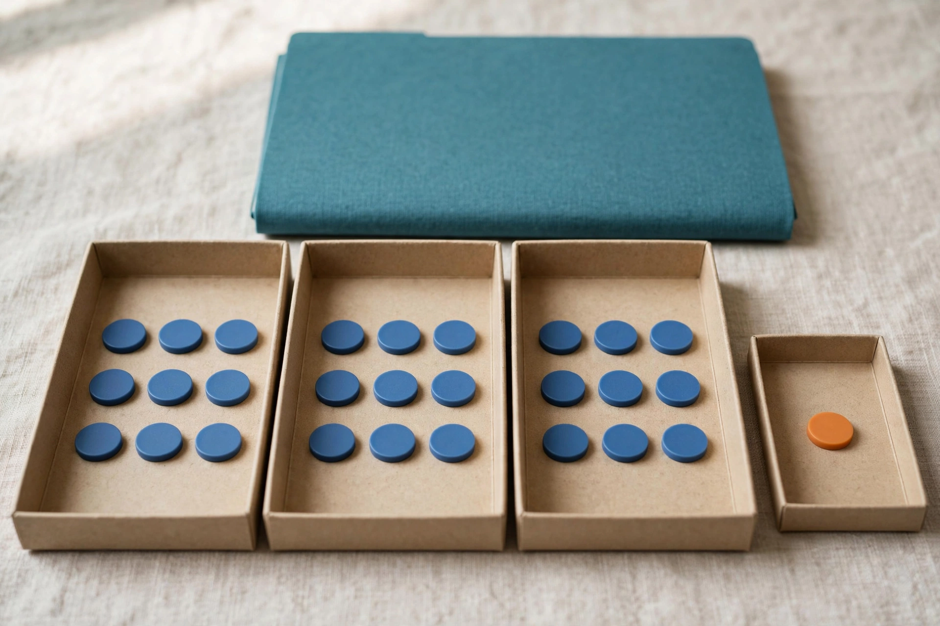 Three cardboard trays hold blue tokens, and a fourth smaller tray holds a single orange token, with a teal folder behind.