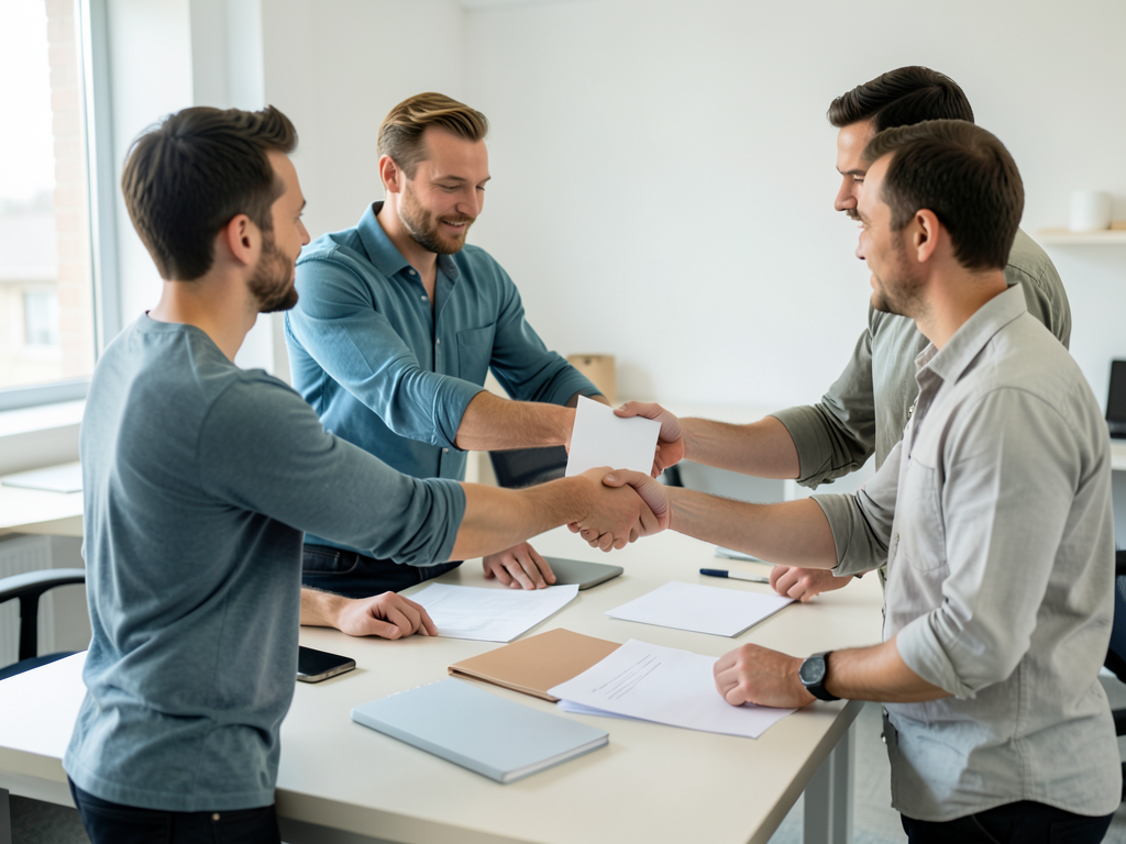 Four men in a bright office shake hands over papers, symbolizing a professional services CRM consolidation.