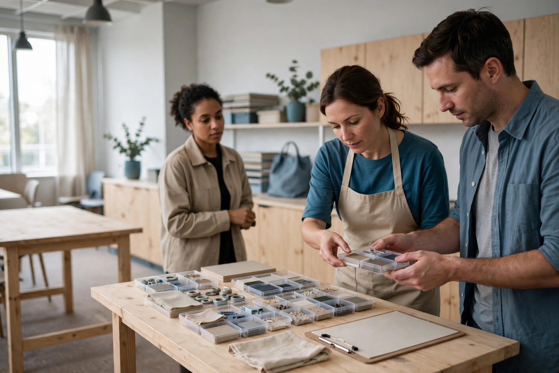 A woman hands a sample case to a man while another woman watches in a bright room with wooden tables and shelves.