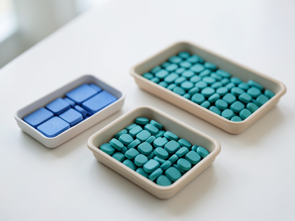 Three trays of tokens, two with blue and teal tokens separately and one with a mix of both, are arranged on a white surface.
