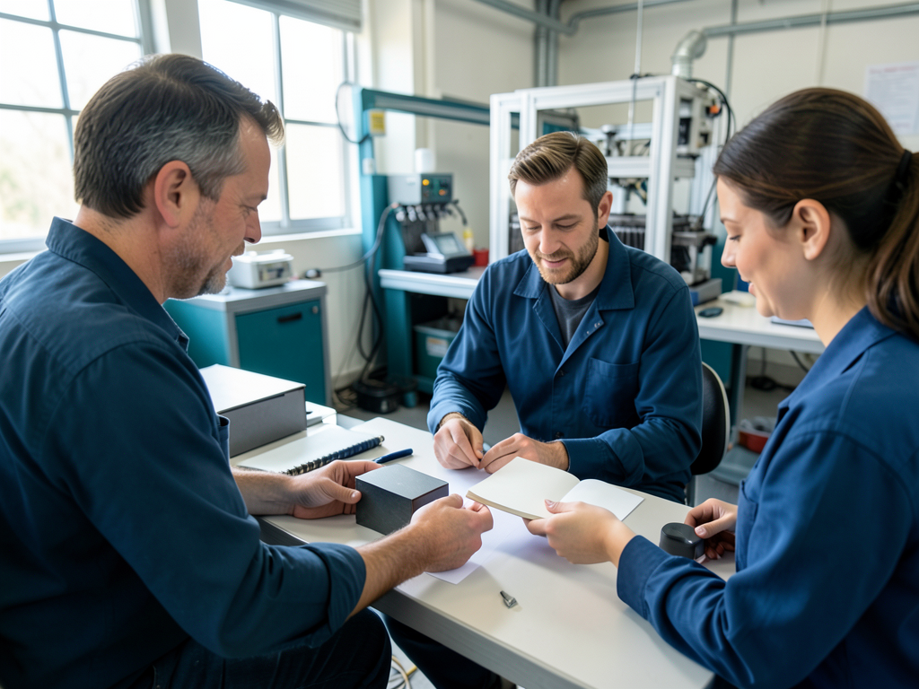 Three manufacturing professionals in blue shirts discuss sample parts and a notebook at a clean assembly station with machinery in the background.