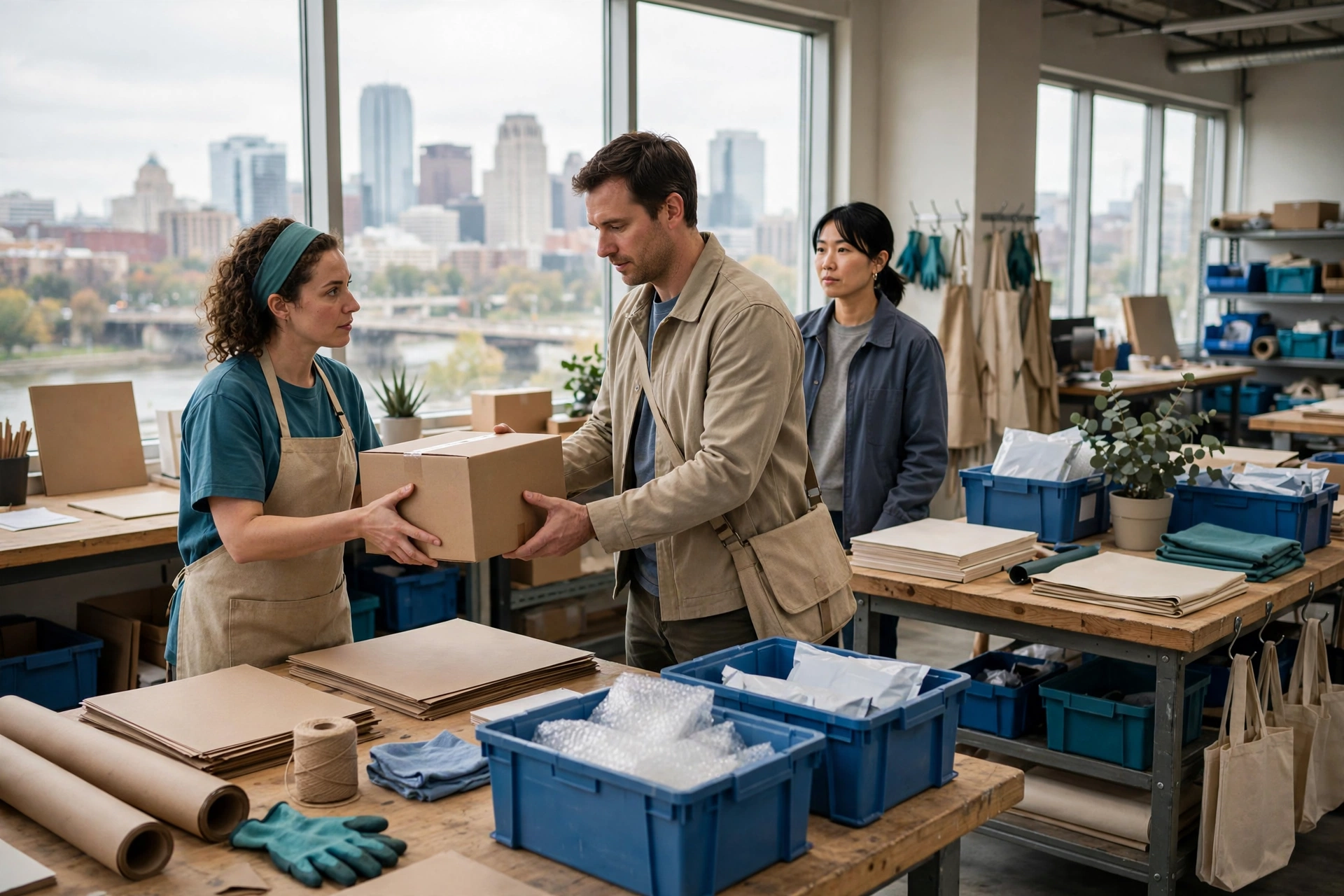 A woman hands a box to a man while another woman watches in a studio with a city view.