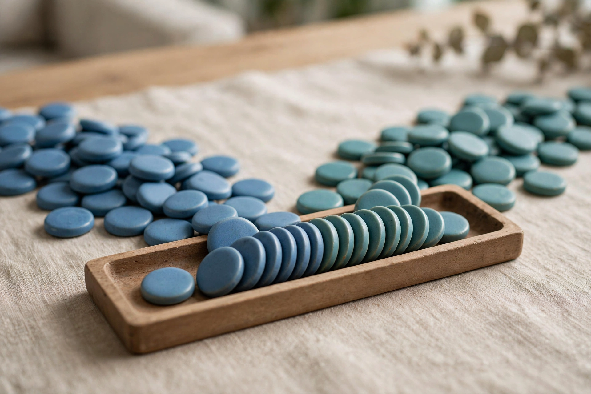Two piles of blue and teal ceramic tokens are shown converging into a single ordered row within a wooden sorting tray.