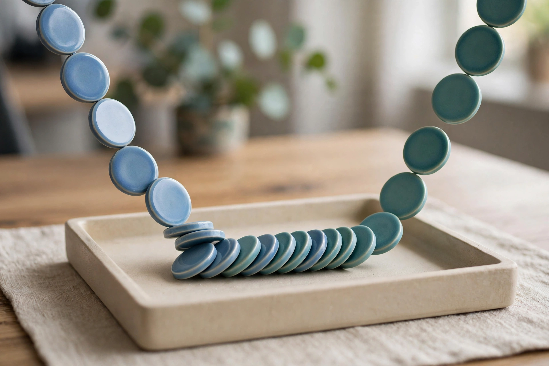 Two strands of blue and teal ceramic tokens converge into a single ordered row within a shallow tray on a wooden table.