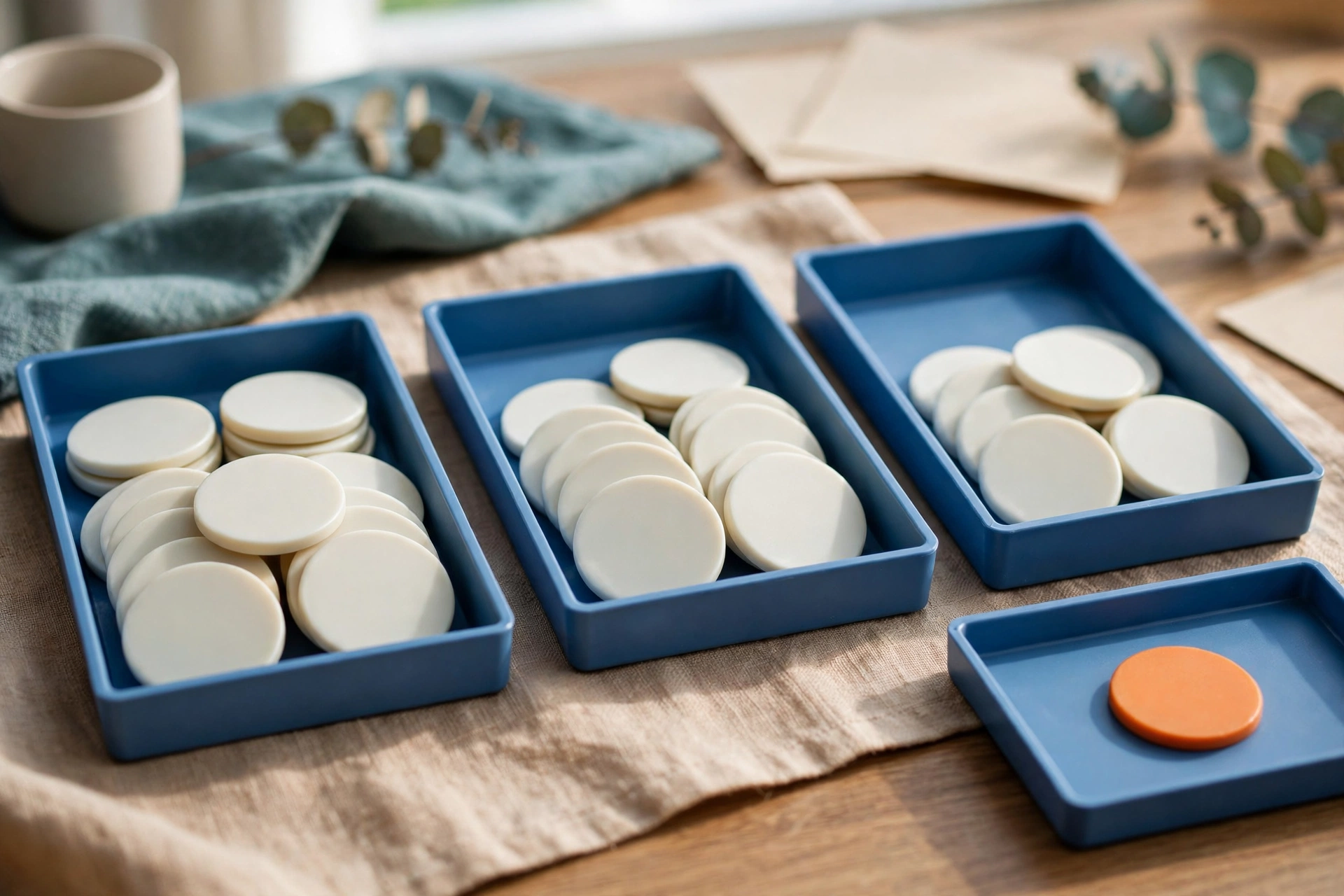 Three blue trays hold white tokens, and a fourth blue tray holds a single orange token on a wooden surface.