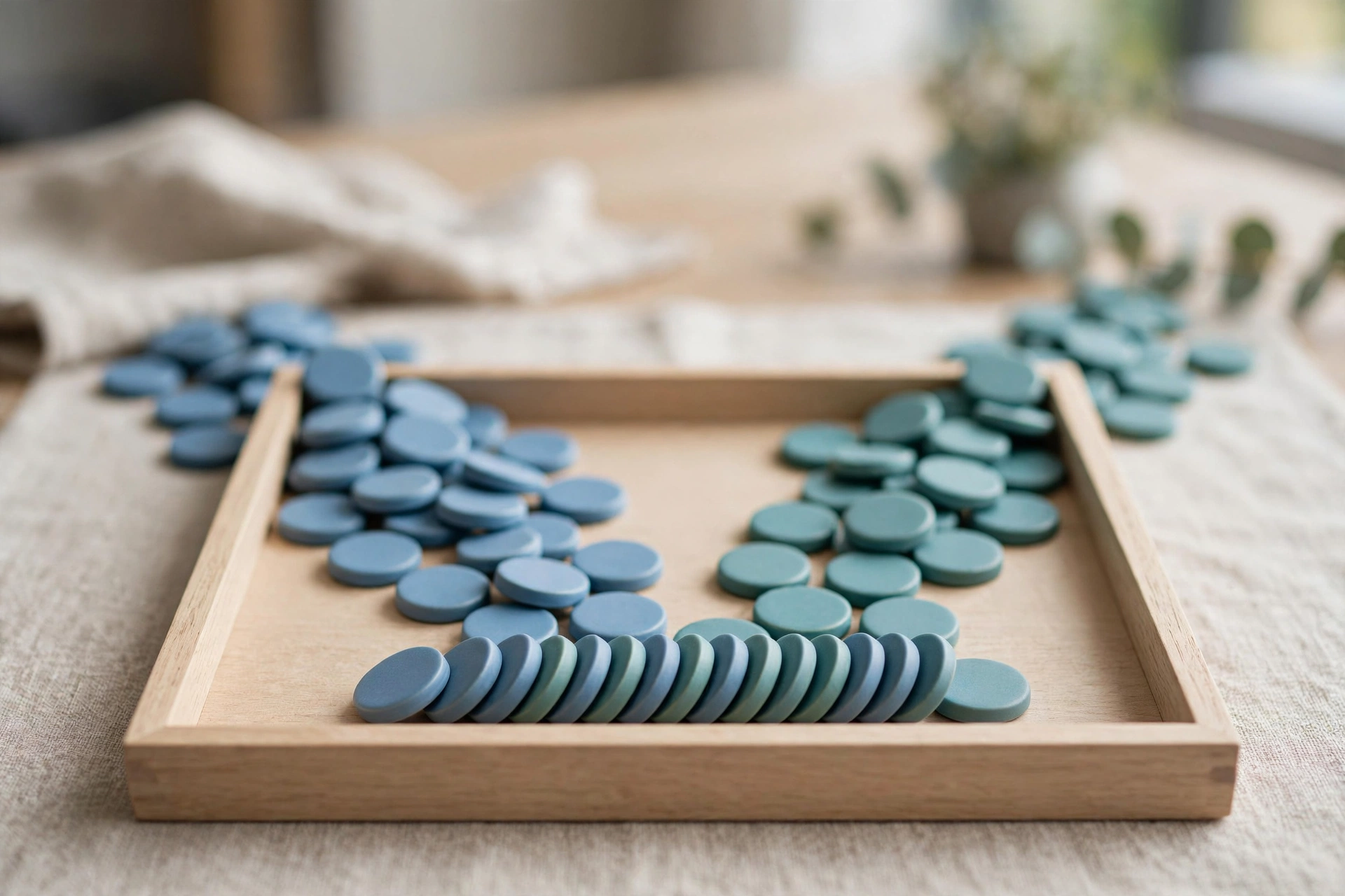 Two piles of blue and teal tokens are shown converging into a single ordered row within a wooden sorting tray on a table.