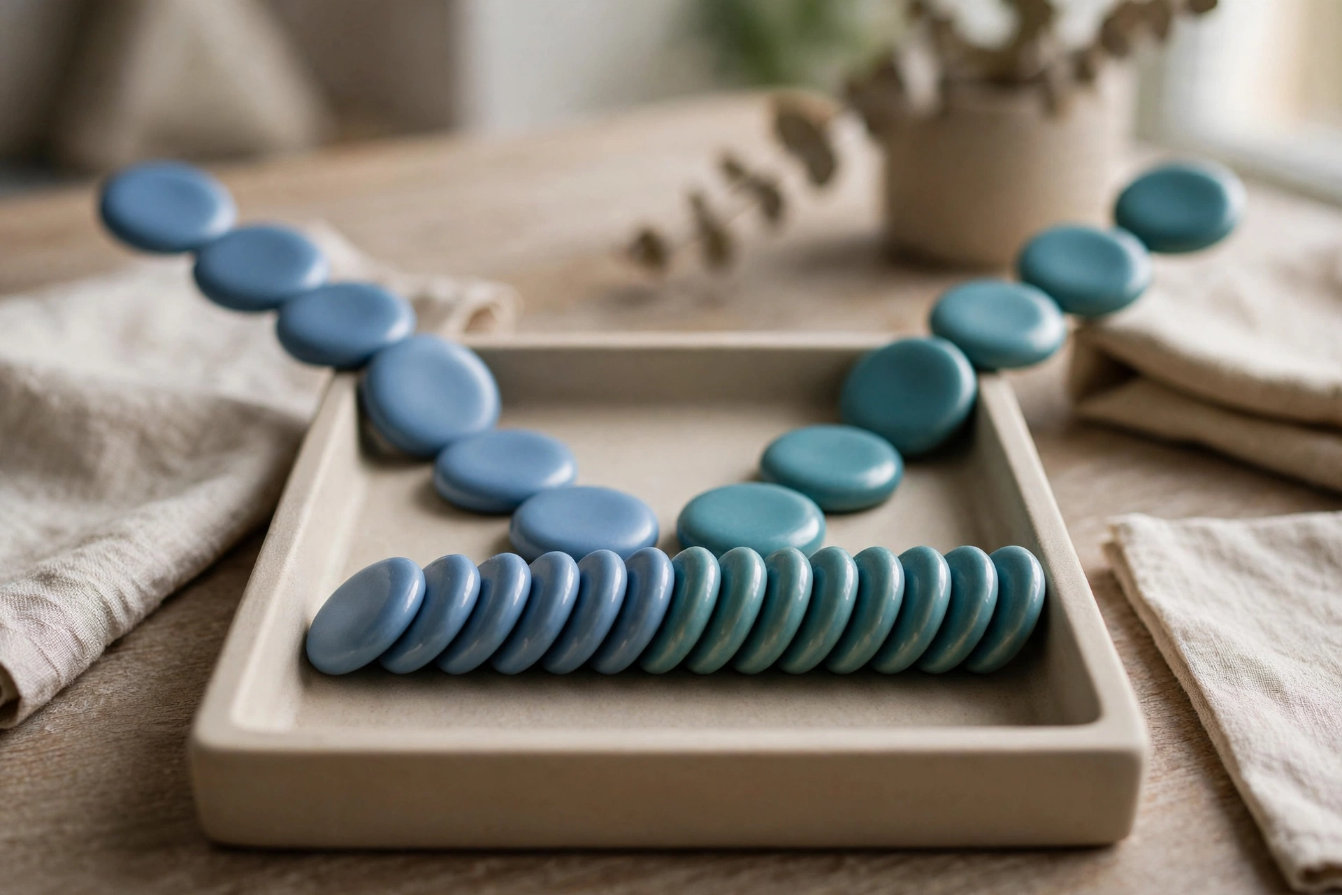 Two streams of blue and teal ceramic tokens converge into a single ordered row within a shallow sorting tray.