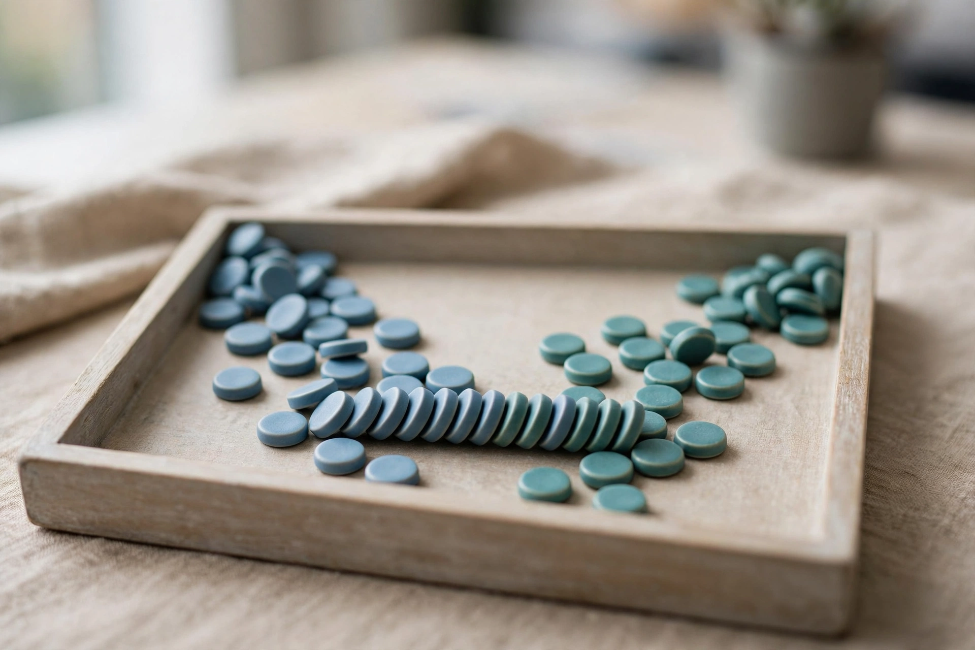 Two streams of blue and teal ceramic tokens converge into one neat ordered row inside a central shallow sorting tray.