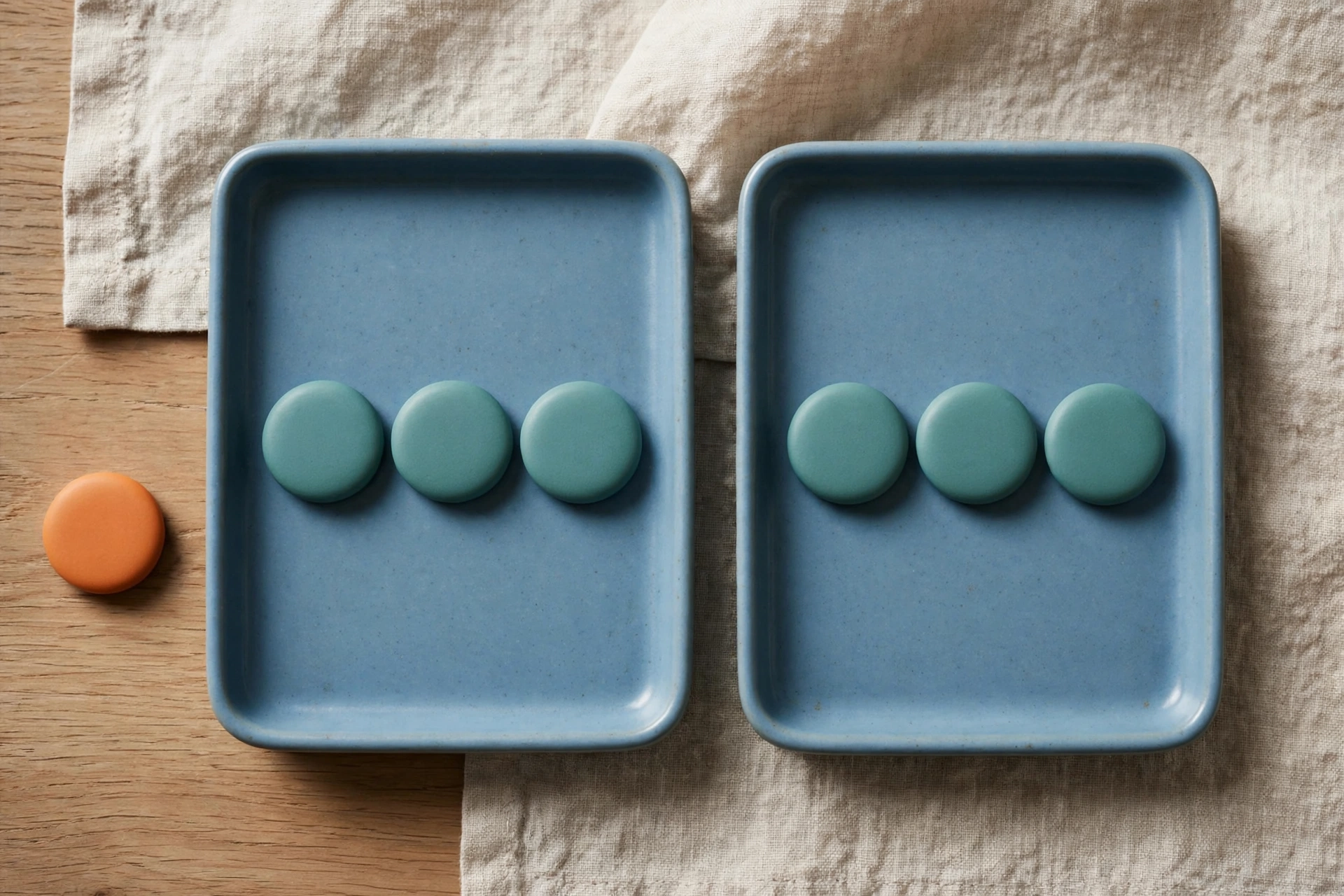 Two blue trays hold teal tokens, with an orange token beside the left tray on a wooden surface.