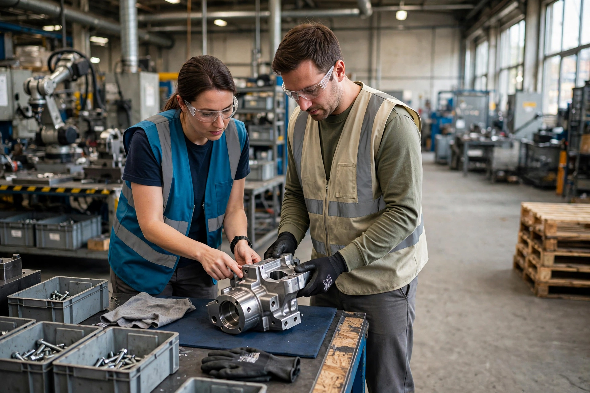 A woman and a man in a factory work cell inspect a metal component, with machinery and pallets in the background.