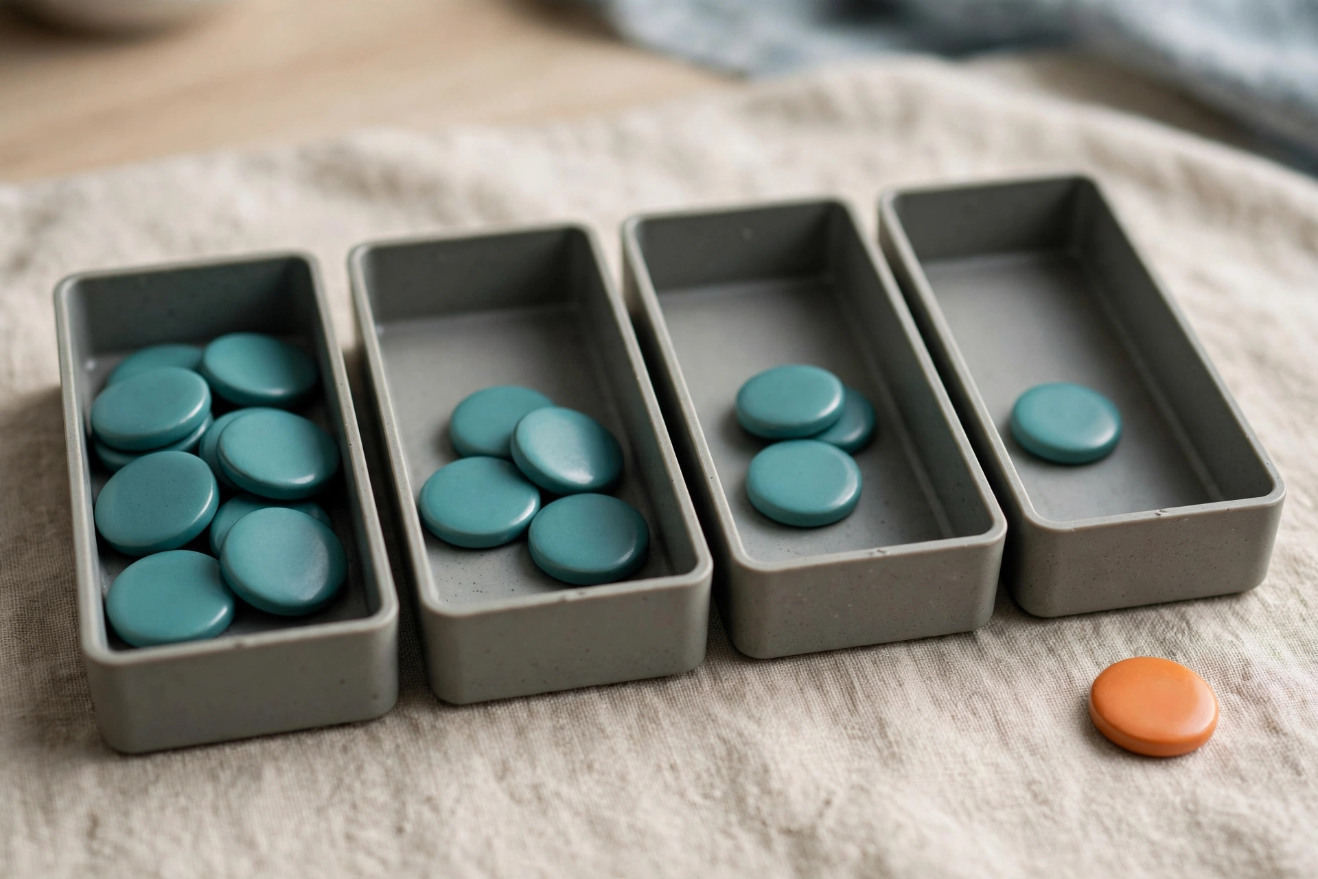 Four gray office sorting trays are arranged in a row, containing decreasing groups of teal tokens, with a single orange token placed separately.