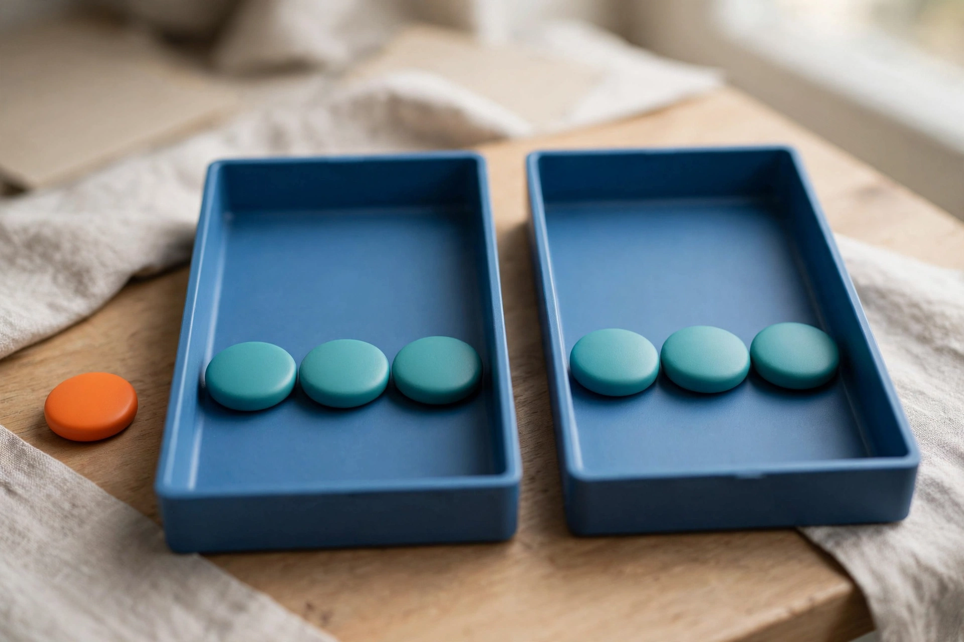 Two blue sorting trays hold teal tokens, with an orange token placed outside the left tray on a wooden surface.