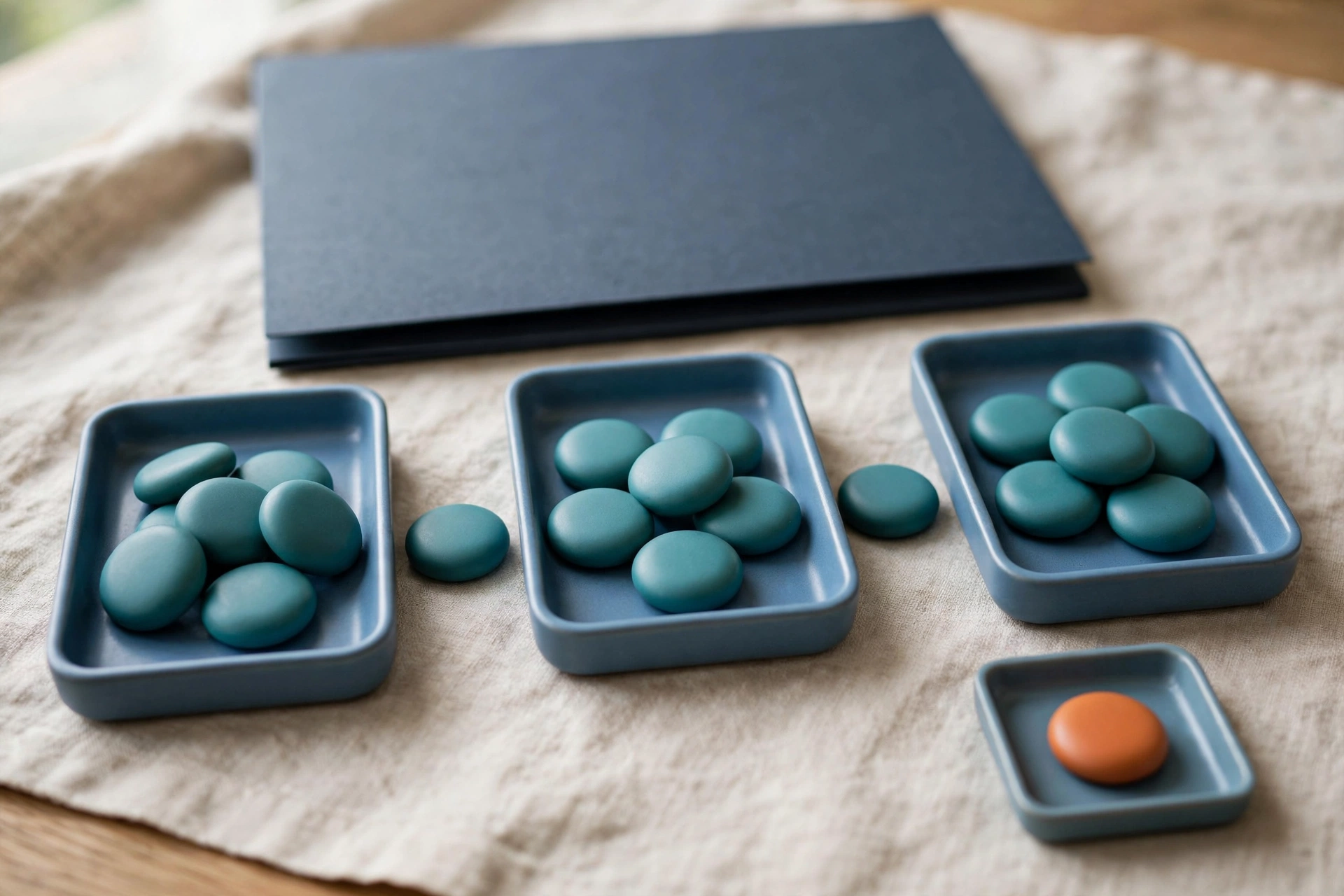 Three blue trays with teal tokens arranged left to right, with a separate small tray holding one orange token, and a closed blue folder behind.