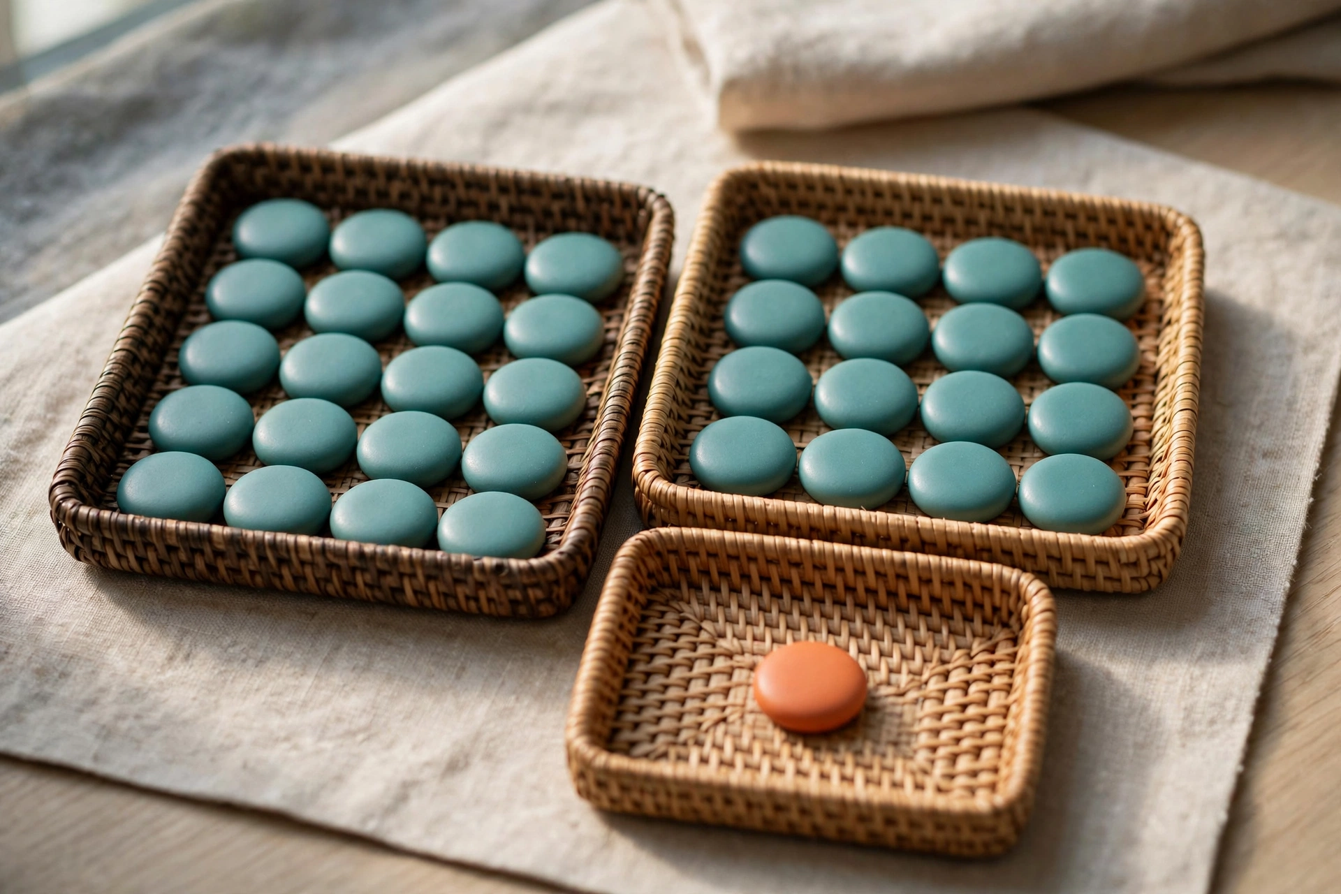 Three woven trays hold smooth teal tokens, with one orange token in the smallest tray, arranged on a neutral cloth.