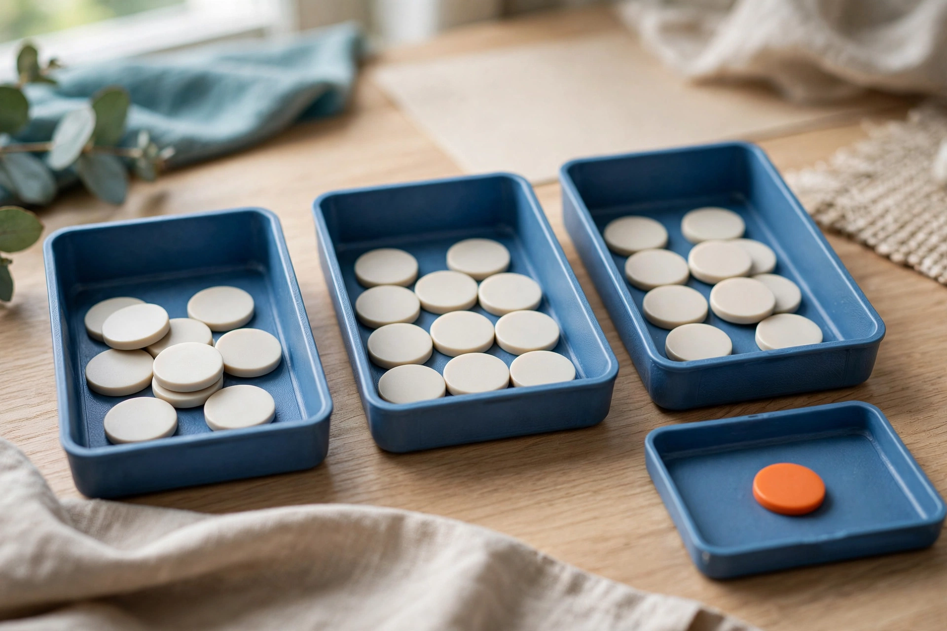 Three blue sorting trays hold white tokens, and a fourth blue tray holds a single orange token on a wooden desk.