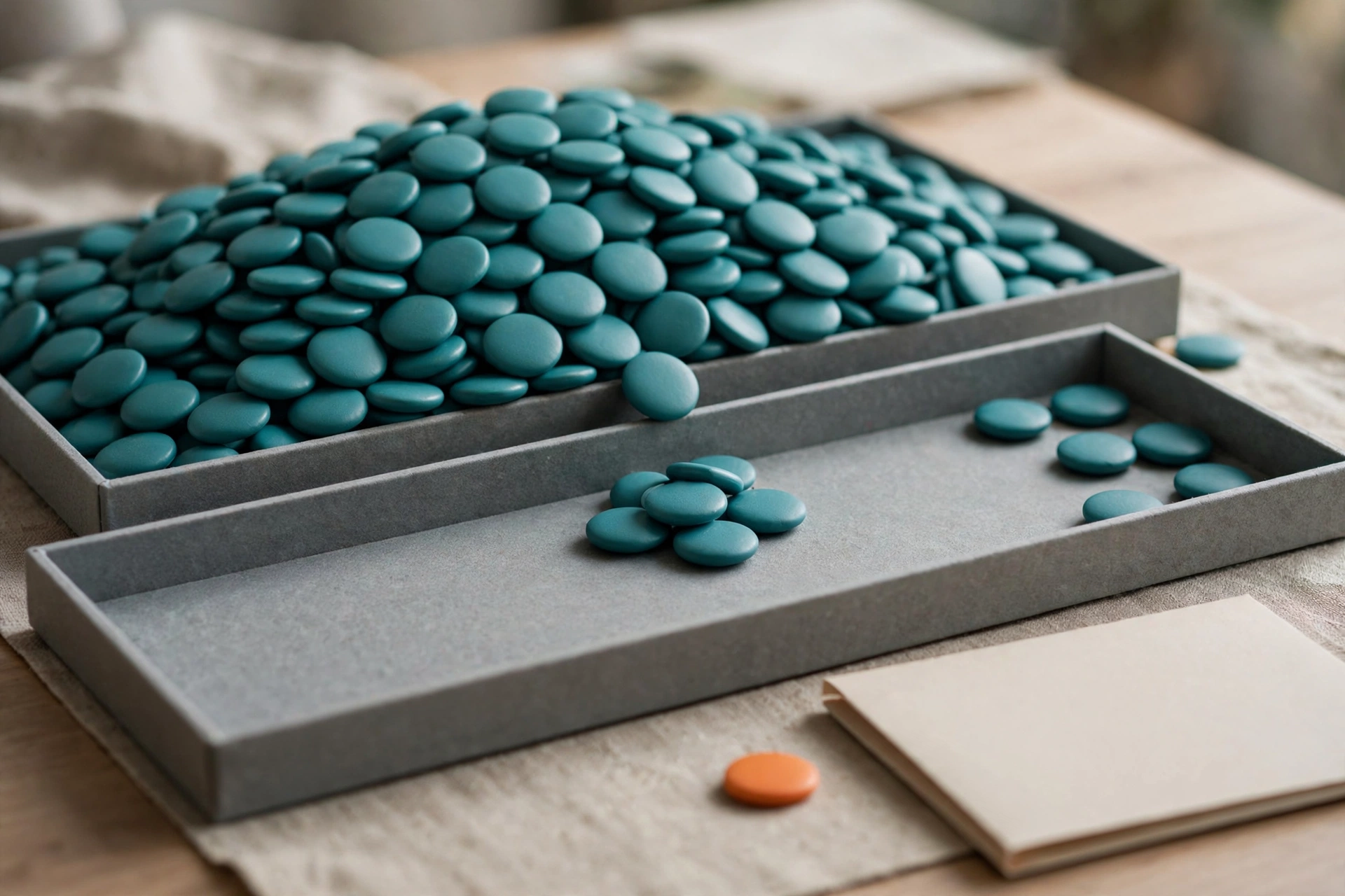 Teal tokens are piled in a tray, with some in a second tray and an orange token near a folder on a table.