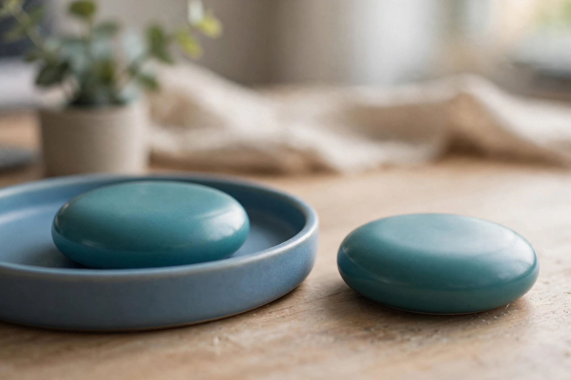 Two identical teal ceramic discs are on a wooden desk; one disc is inside a blue tray, and the other is placed separately beside it.
