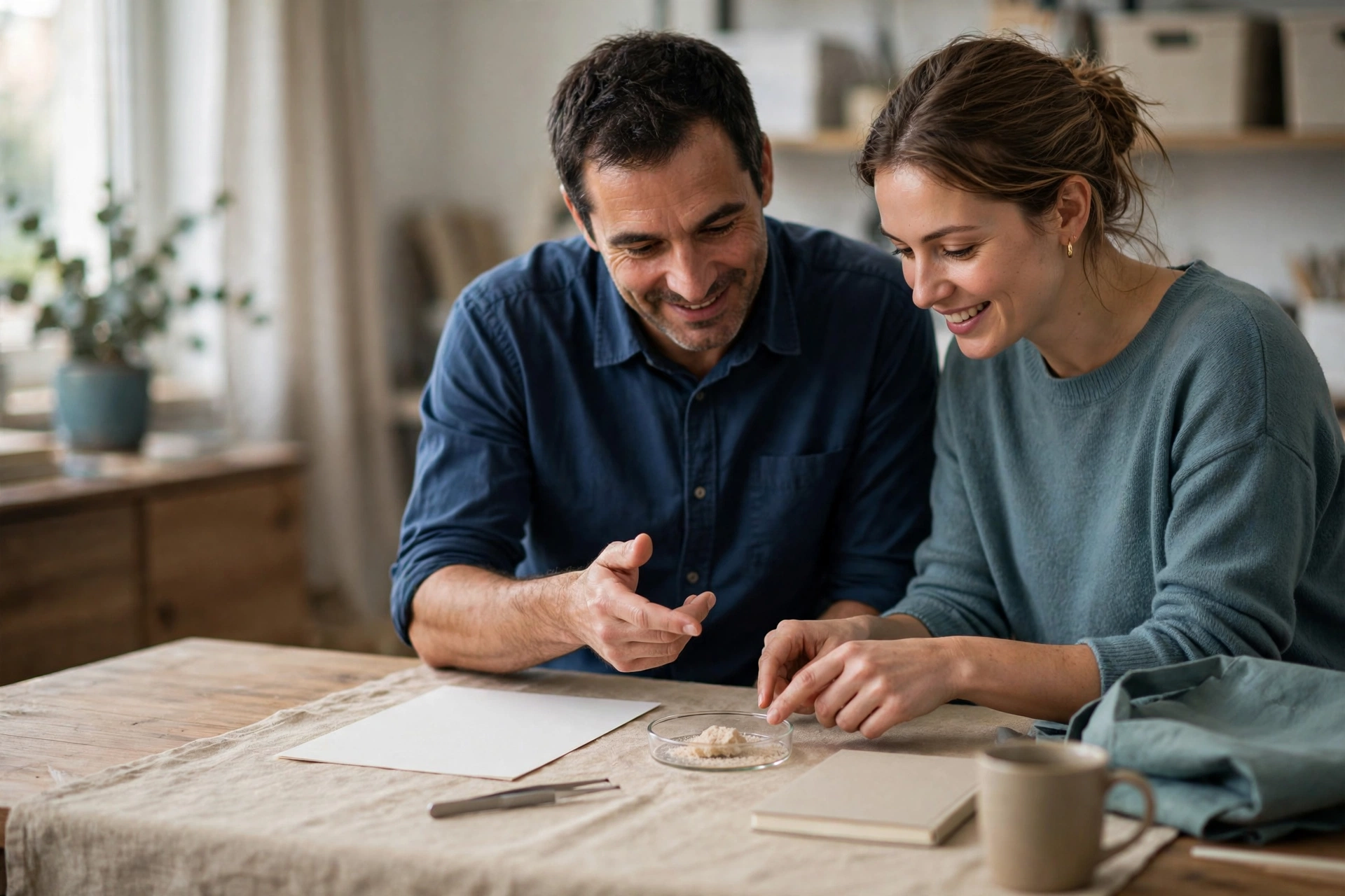 A man and a woman sit at a table, looking at a small dish of material and discussing it.