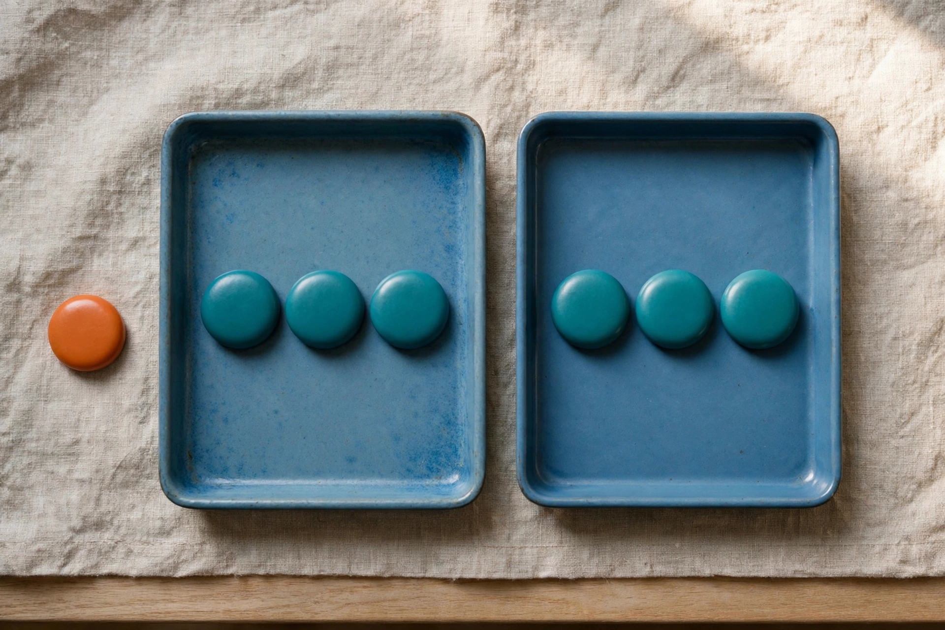 Two blue trays with teal tokens sit side-by-side on a textured cloth, with an orange token to the left.