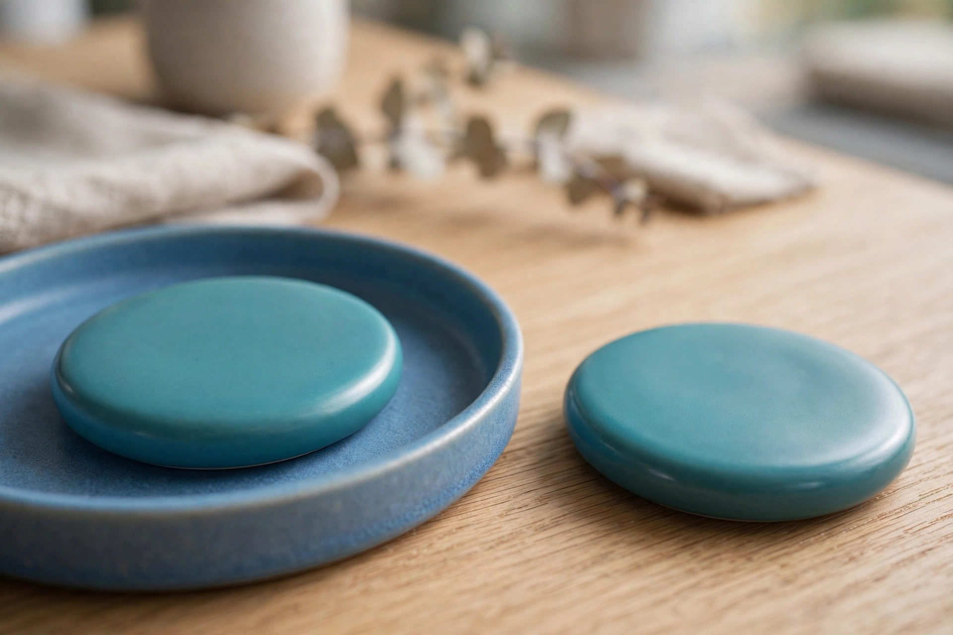 Two identical teal discs are shown on a wooden desk; one disc rests in a blue tray, while the other sits separately beside it.