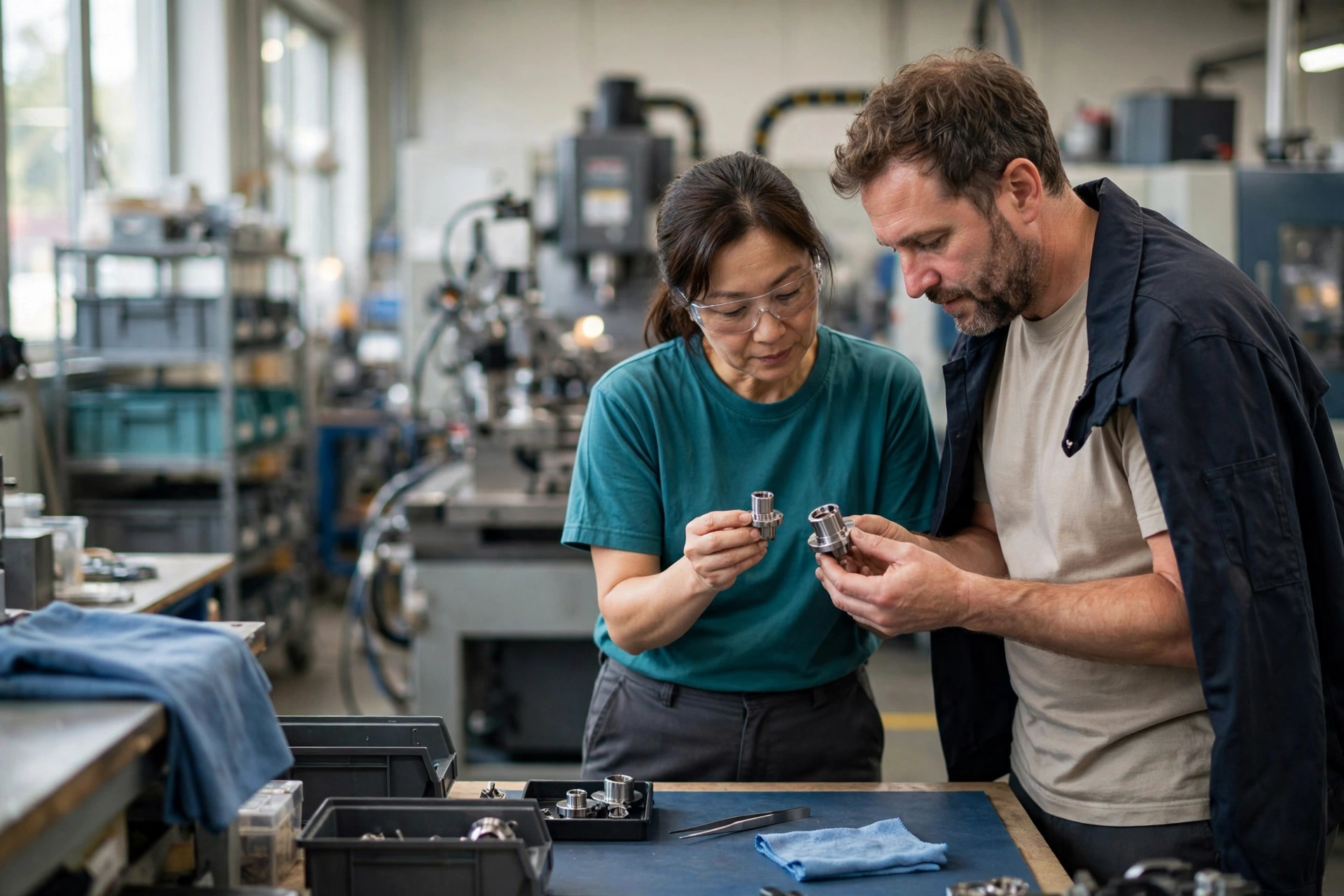 A man and a woman examine metal parts at a clean assembly station with machinery in the background.