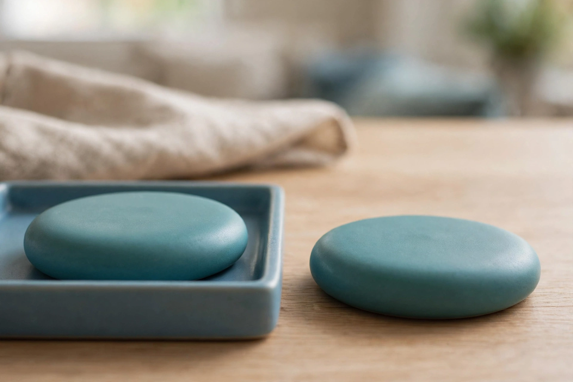 Two identical teal discs are on a wooden surface, with one disc inside a blue tray and the other disc placed separately outside the tray.