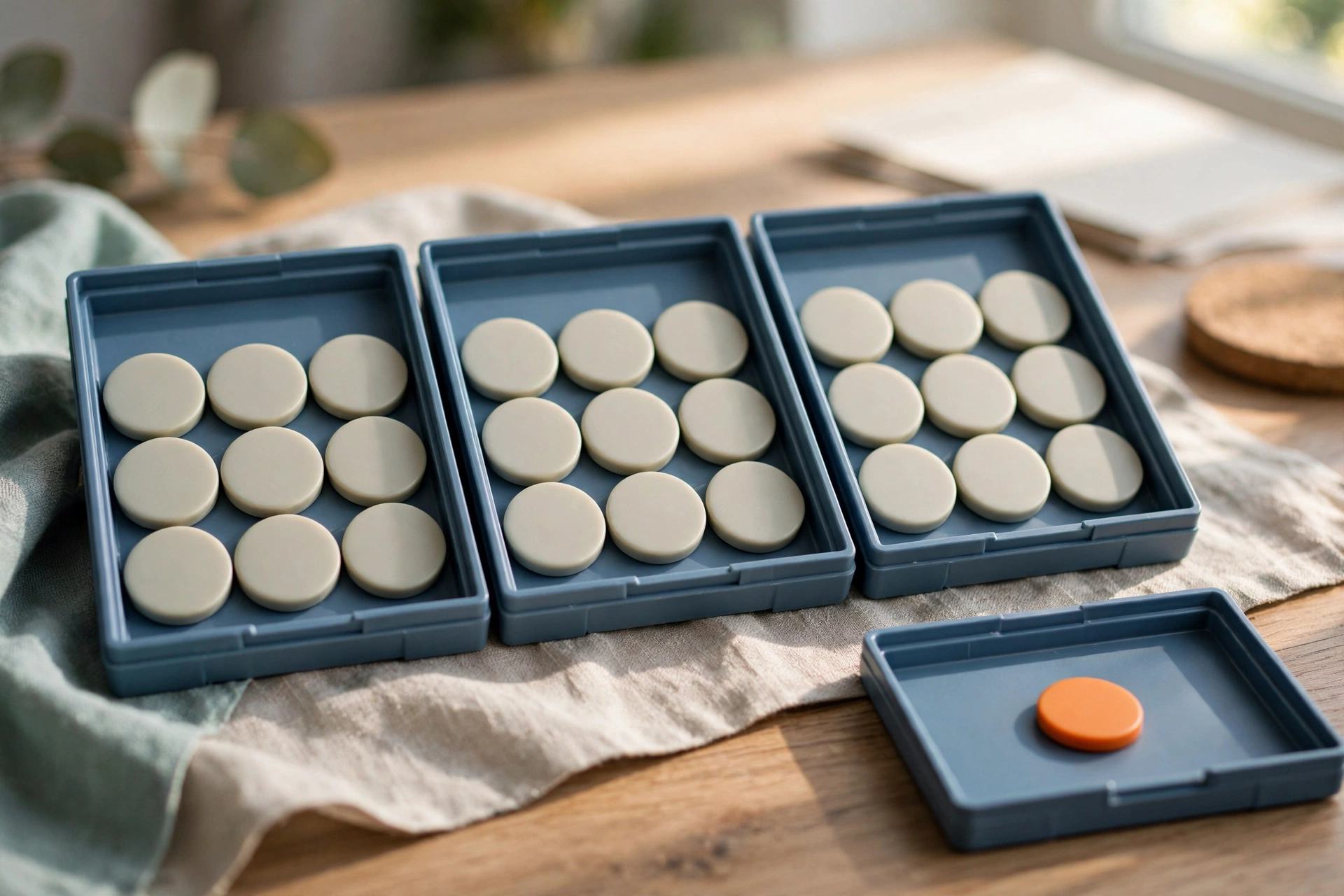 Three blue trays hold rows of blank tokens, with a fourth tray holding a single orange token on a wooden surface.