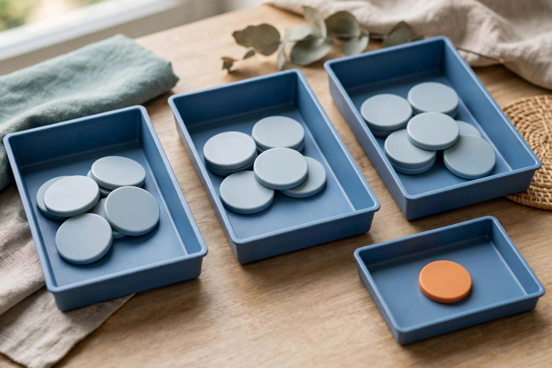 Three blue trays hold stacks of light blue tokens, with a fourth blue tray holding a single orange token on a wooden surface.