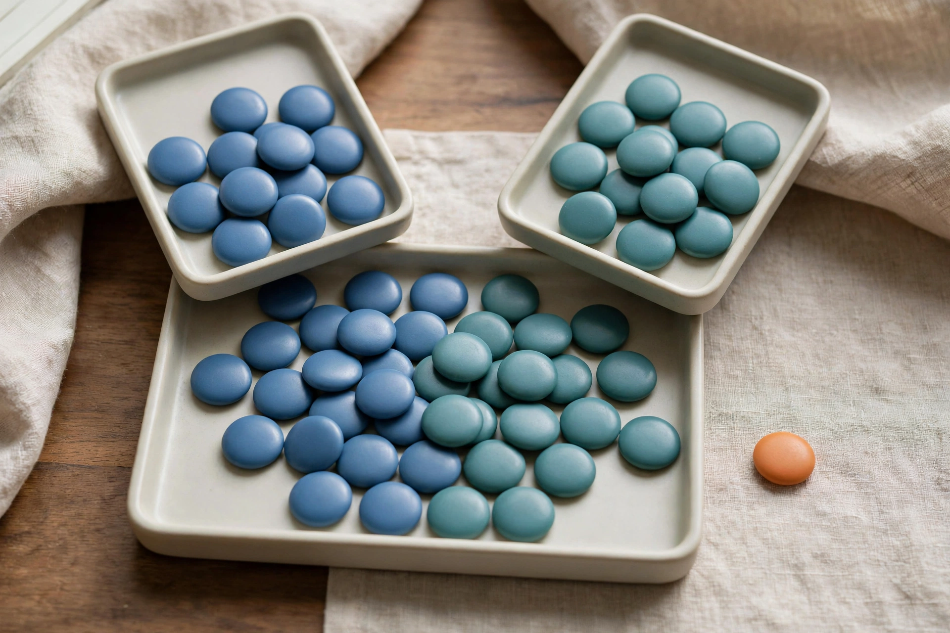 Two square trays of blue and teal tokens converge into a larger tray, with one orange token to the side.