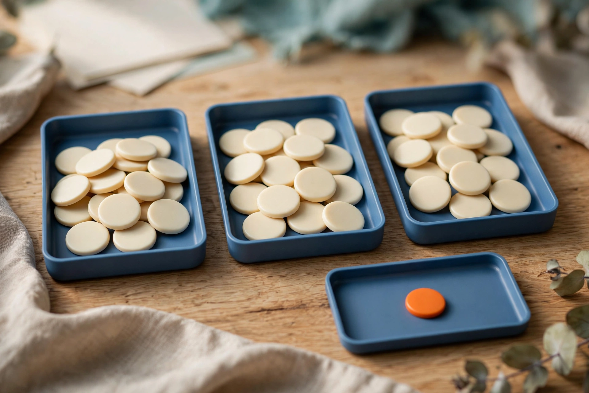 Three blue trays with blank tokens are arranged next to a fourth blue tray containing a single orange token on a wooden surface.
