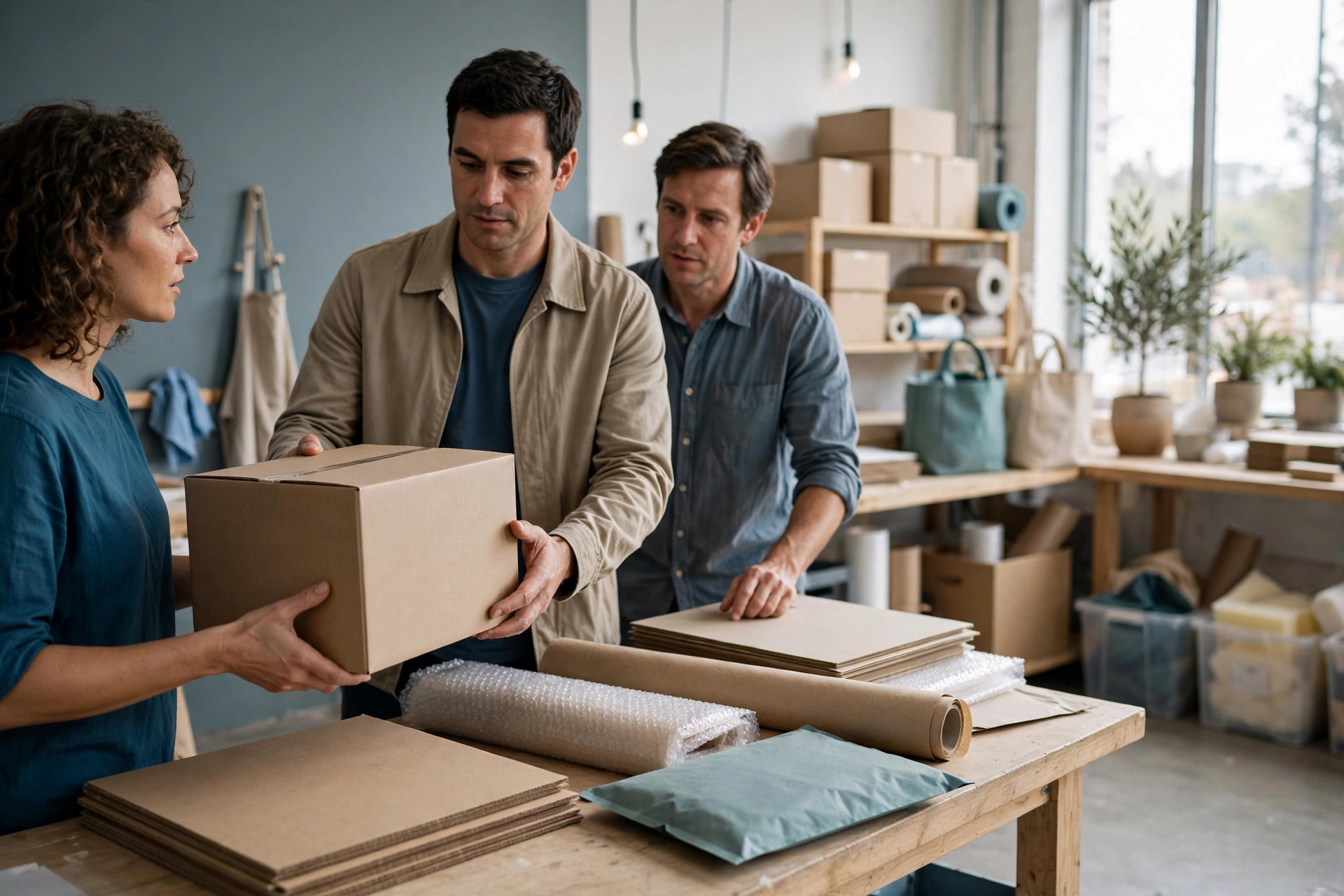 A woman hands a box to a man while another man looks on in a studio with shelves of supplies.