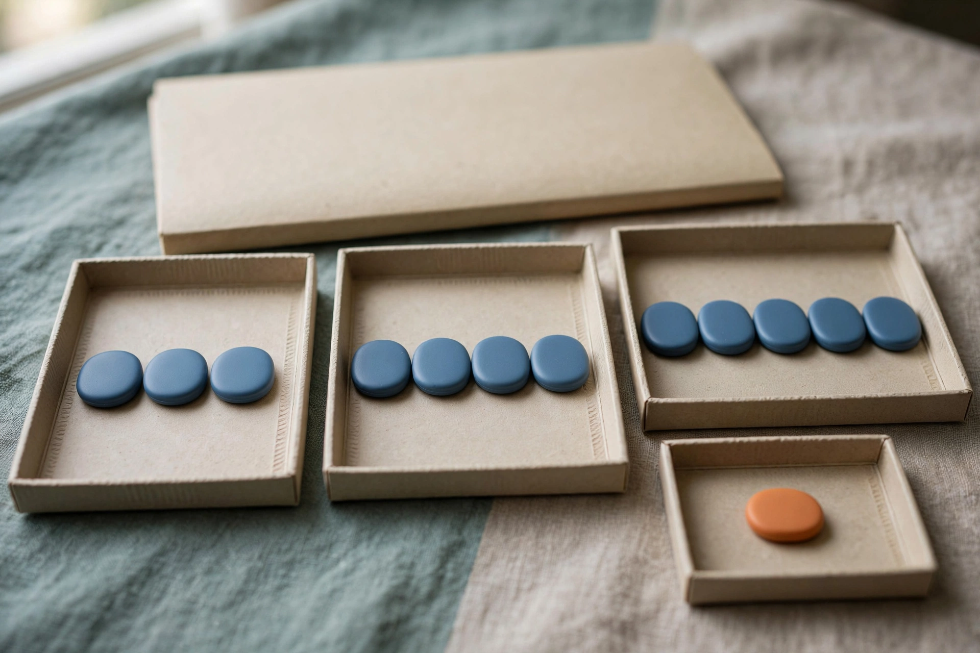 Three office trays with blue tokens progress through stages, with one orange token in a fourth tray, representing a workflow with an exception.