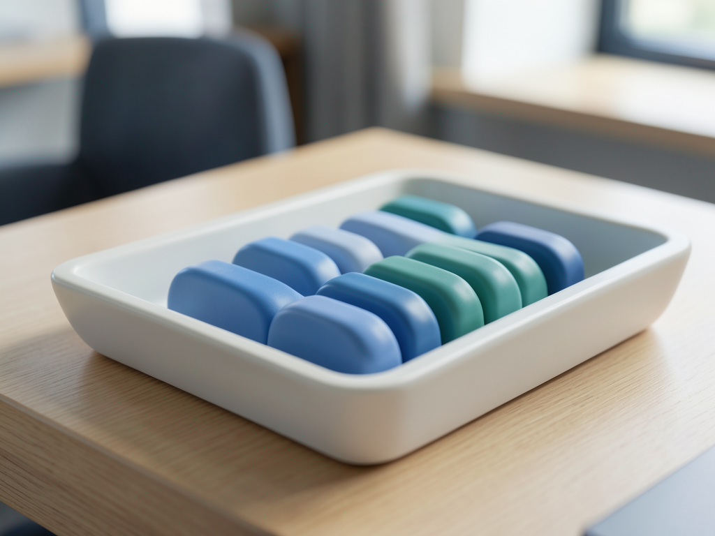 Two streams of blue and teal ceramic tokens converge into one neat ordered row inside a central shallow sorting tray on a wooden desk.