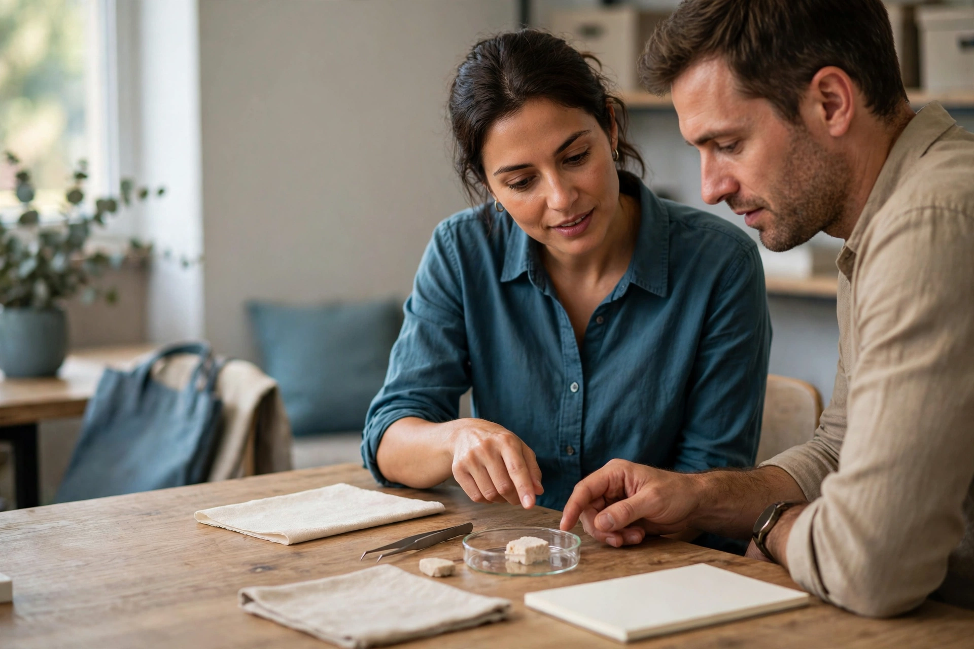 A woman in a blue shirt and a man in a tan shirt examine a small sample on a petri dish at a wooden table.