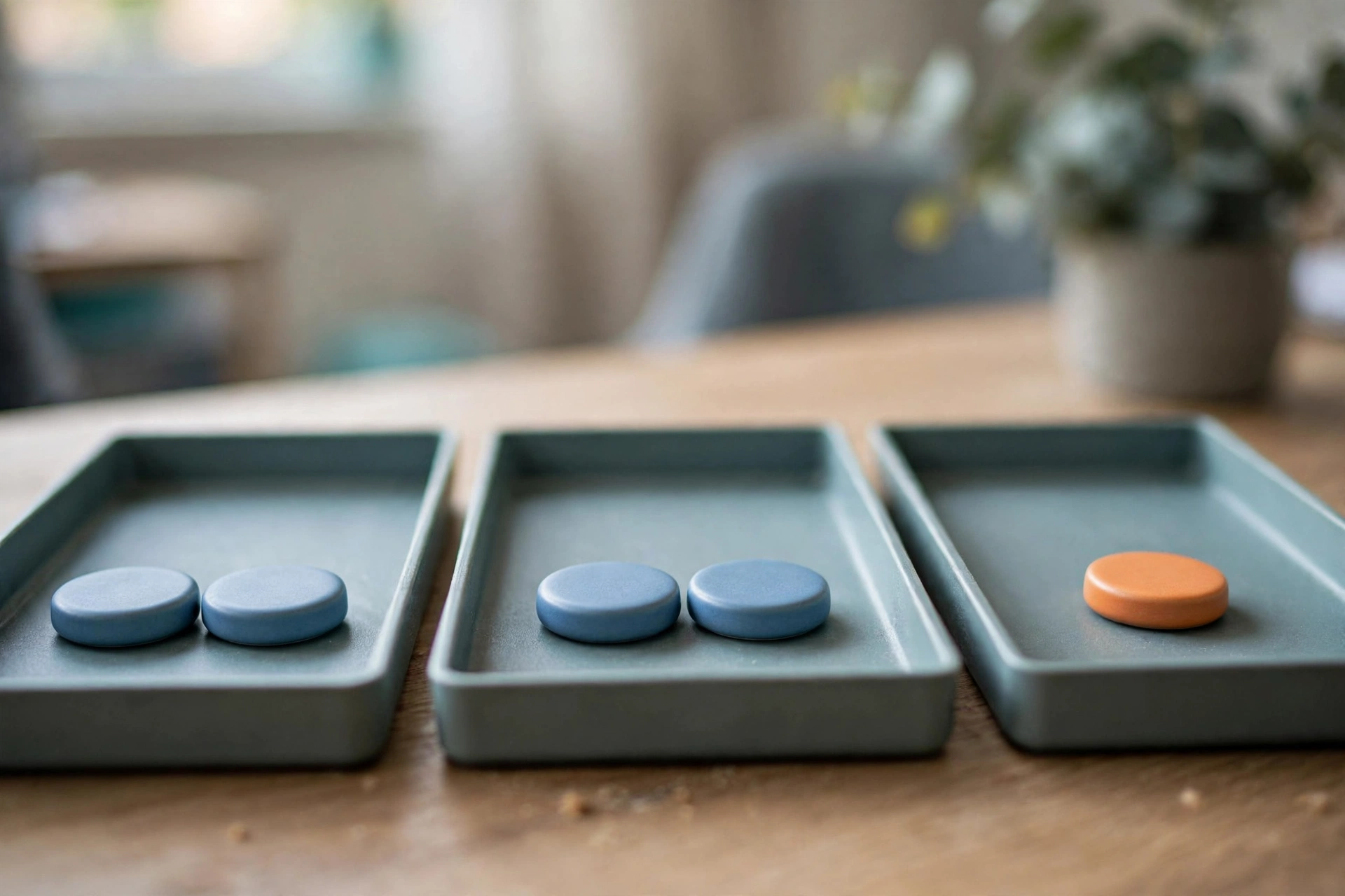 Three shallow office sorting trays are on a desk, with two blue tokens in the left and center trays and one orange token in the right tray.