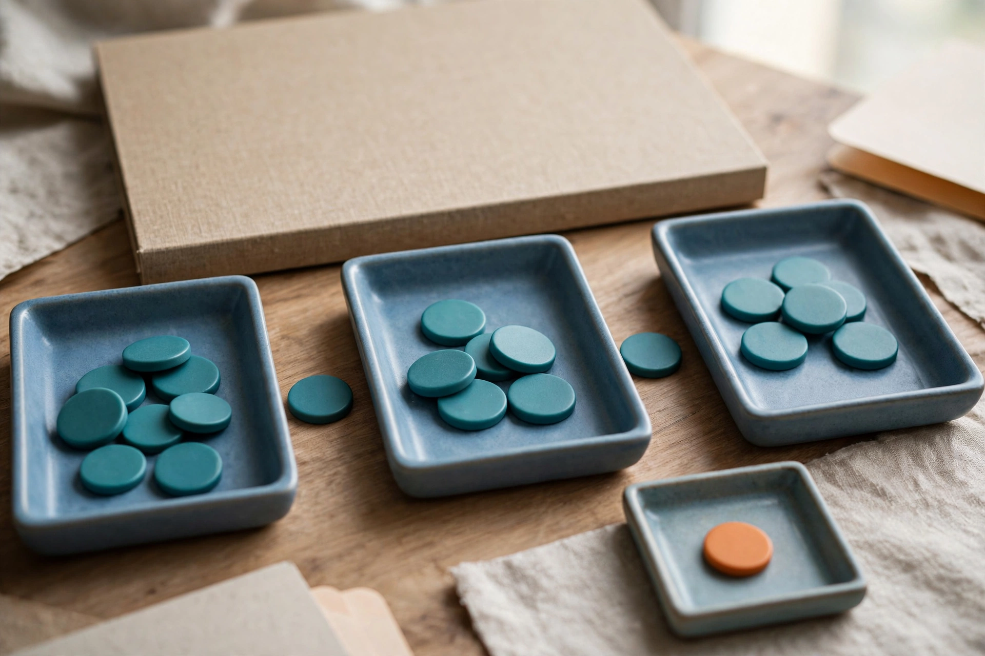 Three blue trays with teal tokens arranged left to right, a token between each tray, and an orange token in a small separate tray.