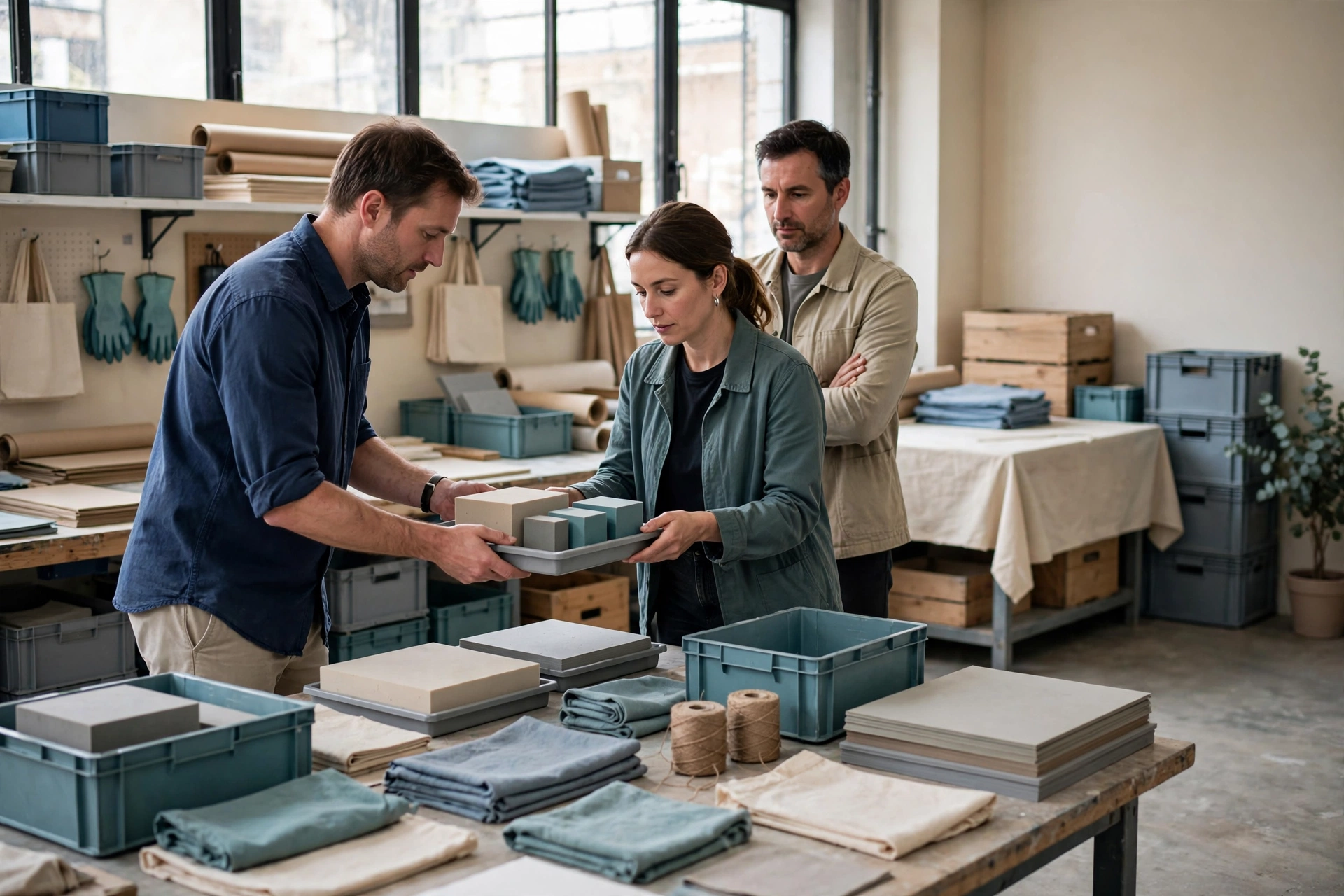 A man hands a tray of materials to a woman while another man watches in a studio setting.
