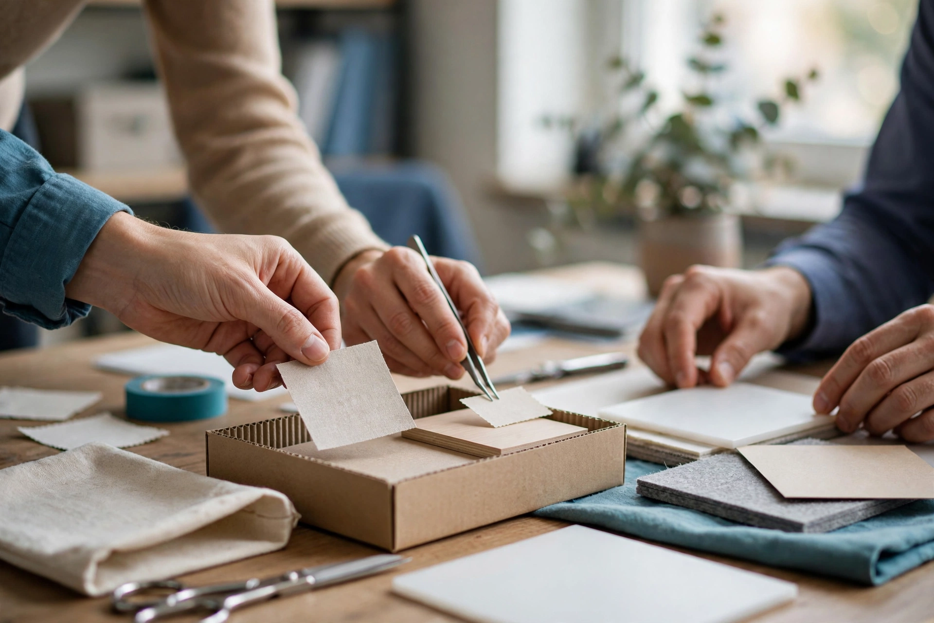 Three people's hands are visible as they arrange small fabric and paper samples on a wooden table in a bright room.
