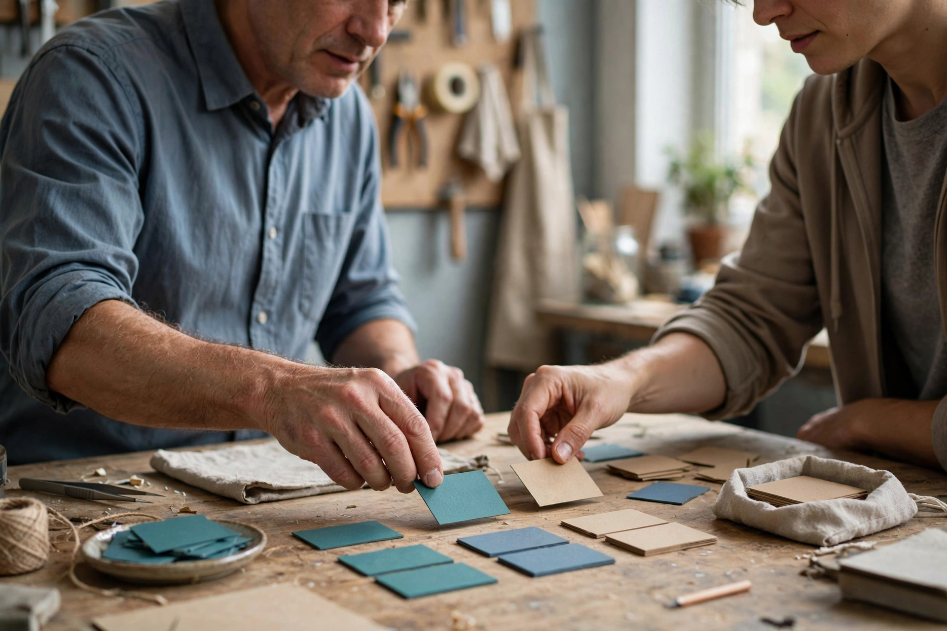 An experienced man demonstrates a new physical work sequence to a colleague at a real workbench, arranging small material samples.