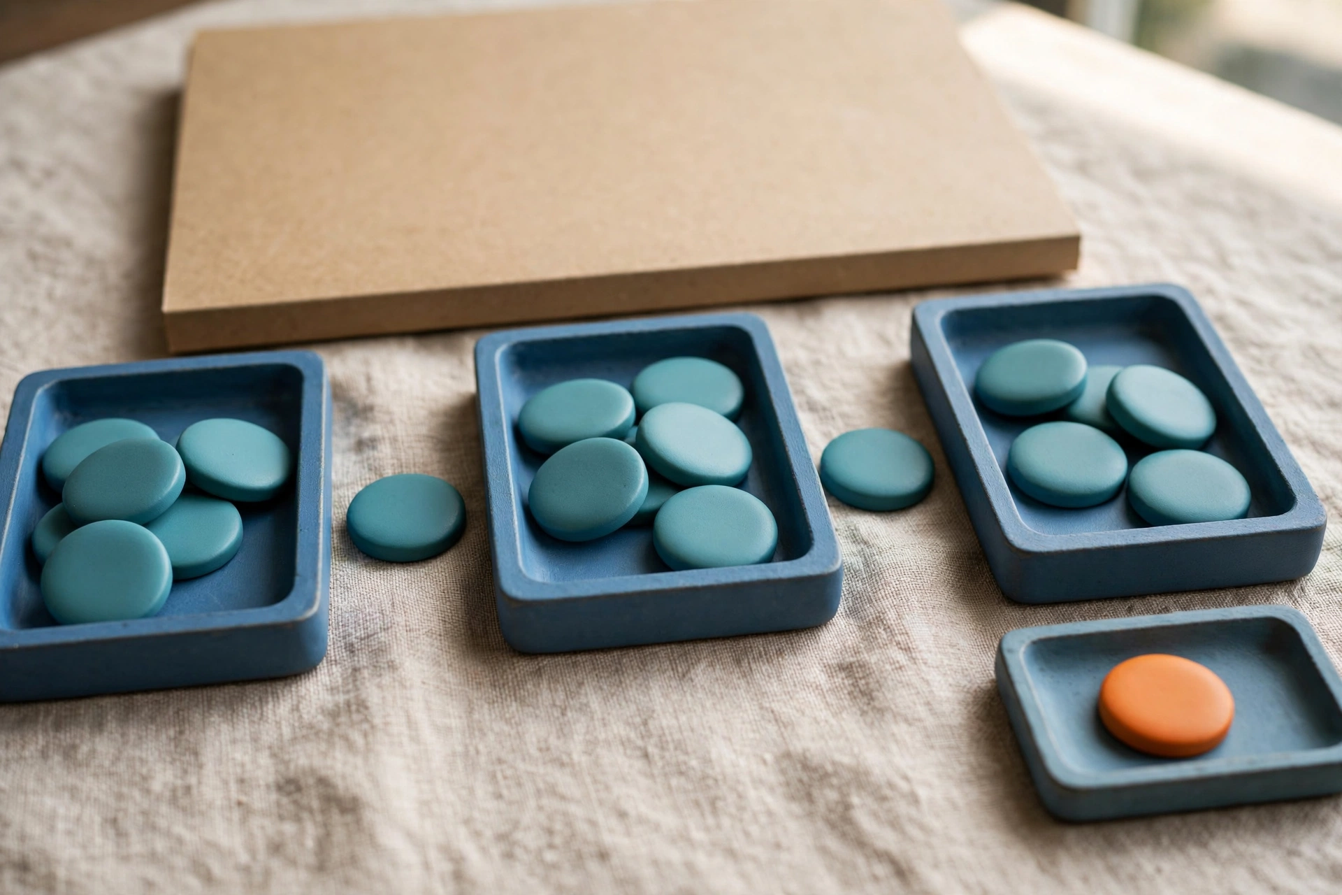 Three blue trays with teal tokens in sequence and one orange token in a separate tray are arranged on a textured surface with a blank wooden board behind.