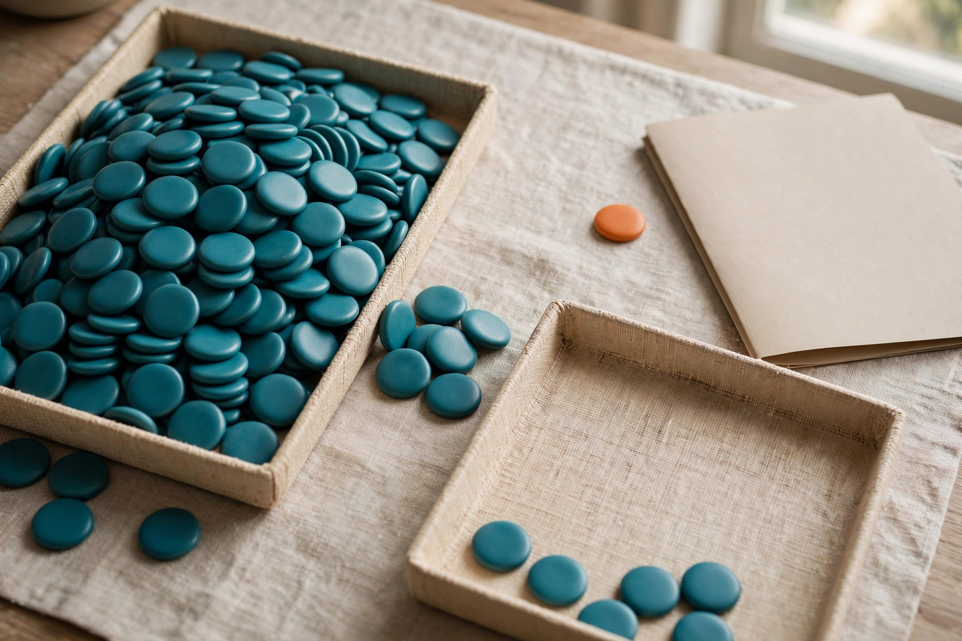 Teal tokens are in a tray and scattered, with a few in another tray, and an orange token sits near a folder.