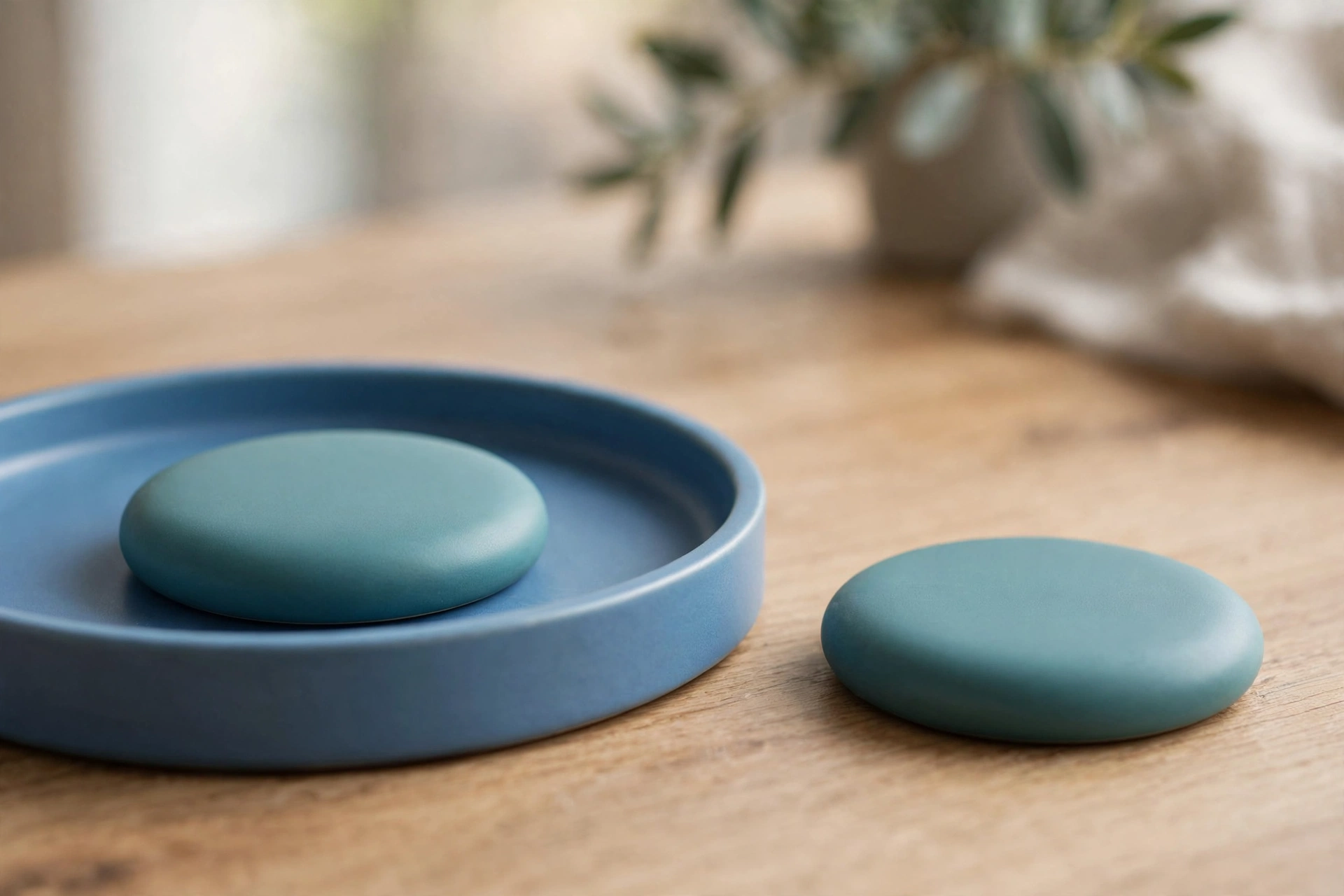 Two identical teal discs are shown on a wooden surface, with one disc inside a blue tray and the other disc placed separately outside the tray.