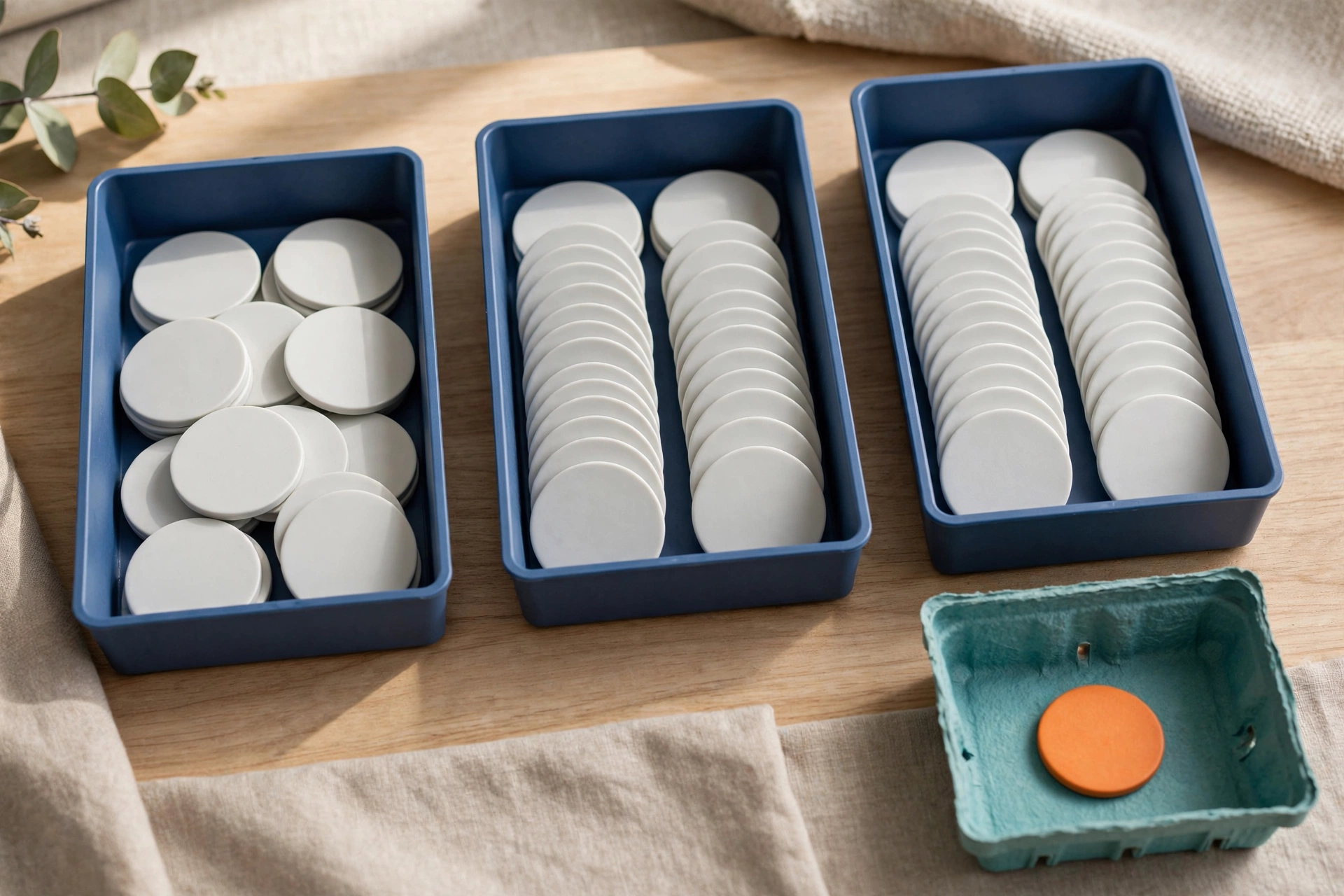Three blue trays of white tokens and a teal tray with an orange token are arranged on a wooden surface with fabric.